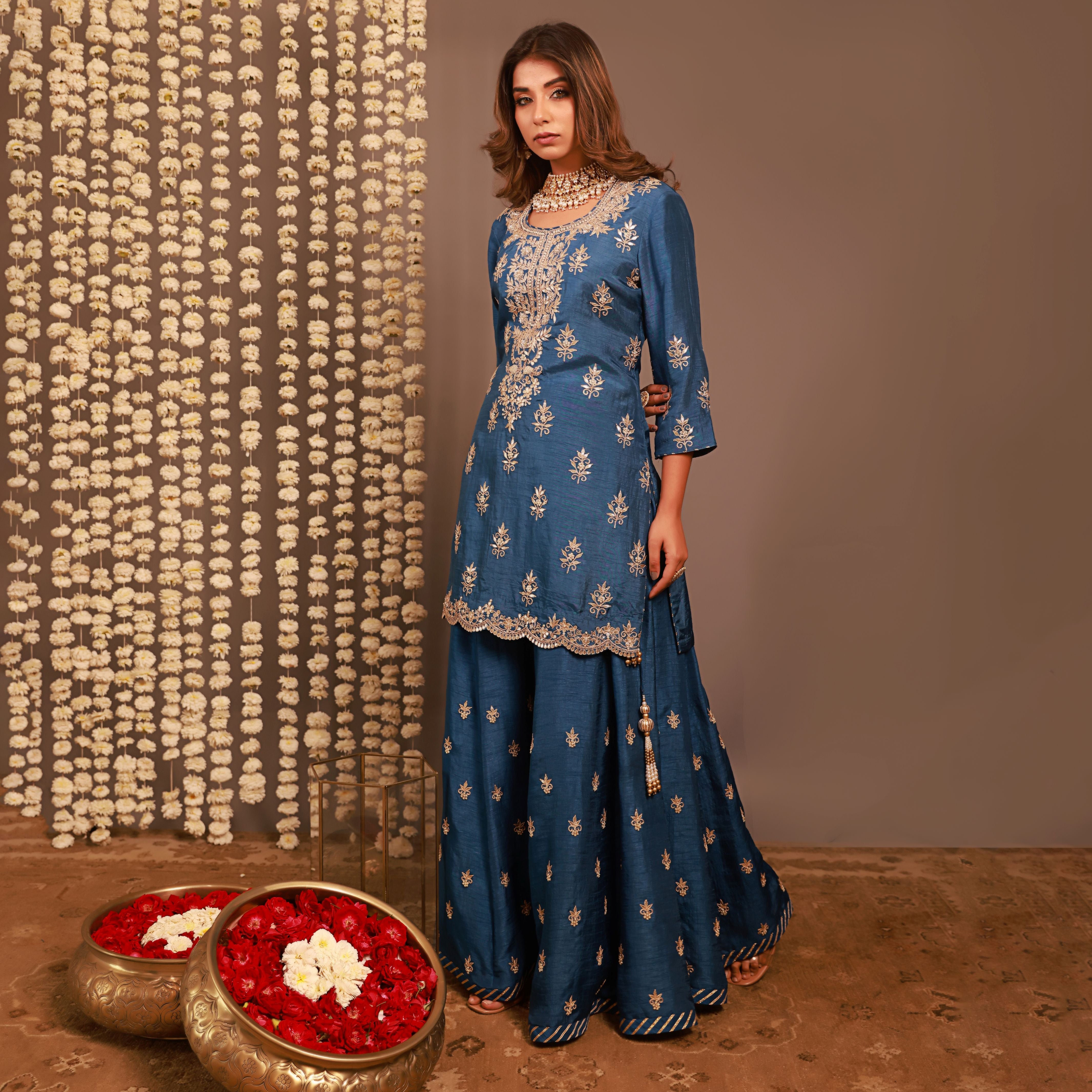 Blue Short Kurta or Kalidar Pant with Organza Dupatta