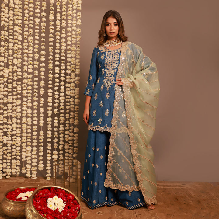 Blue Short Kurta or Kalidar Pant with Organza Dupatta
