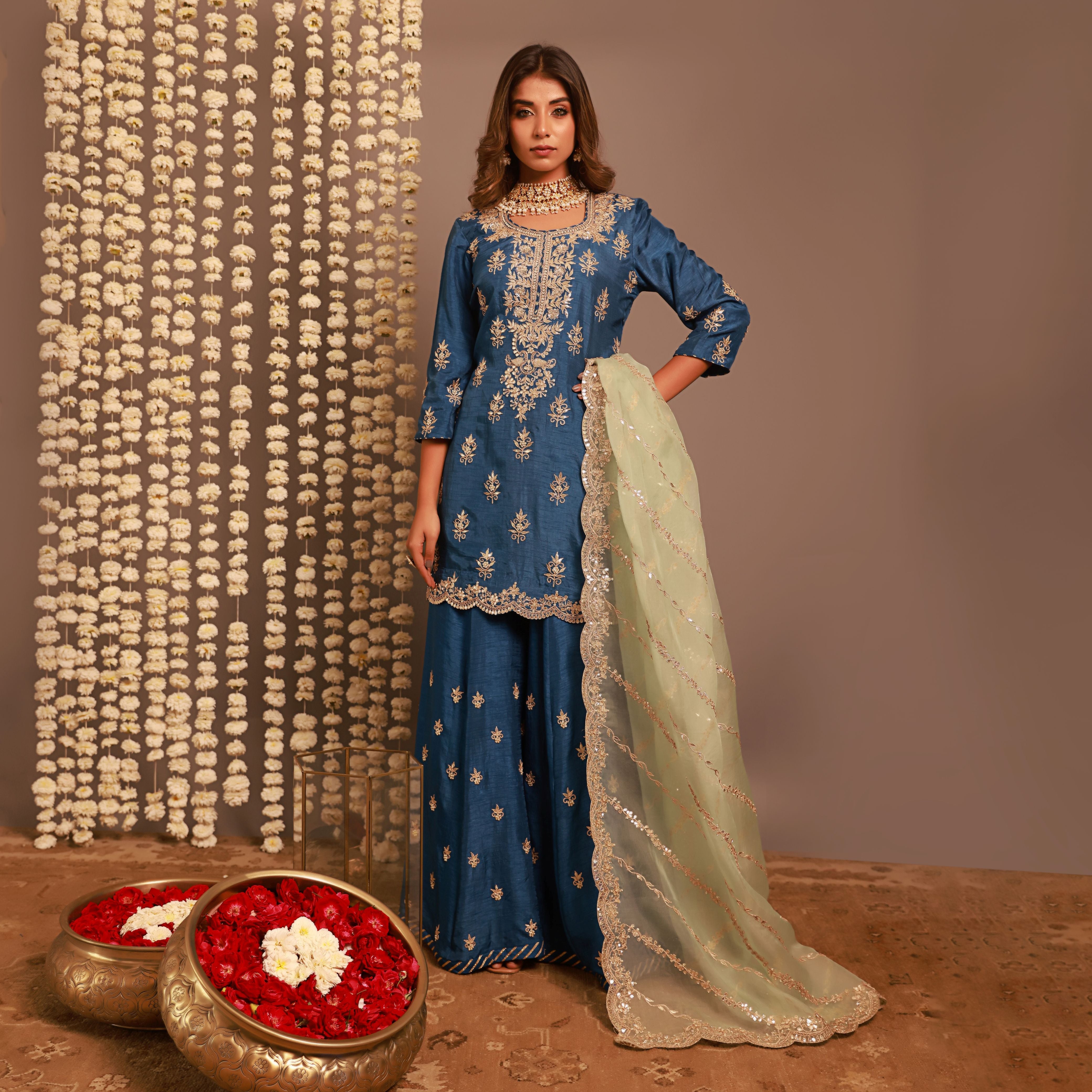 Blue Short Kurta or Kalidar Pant with Organza Dupatta