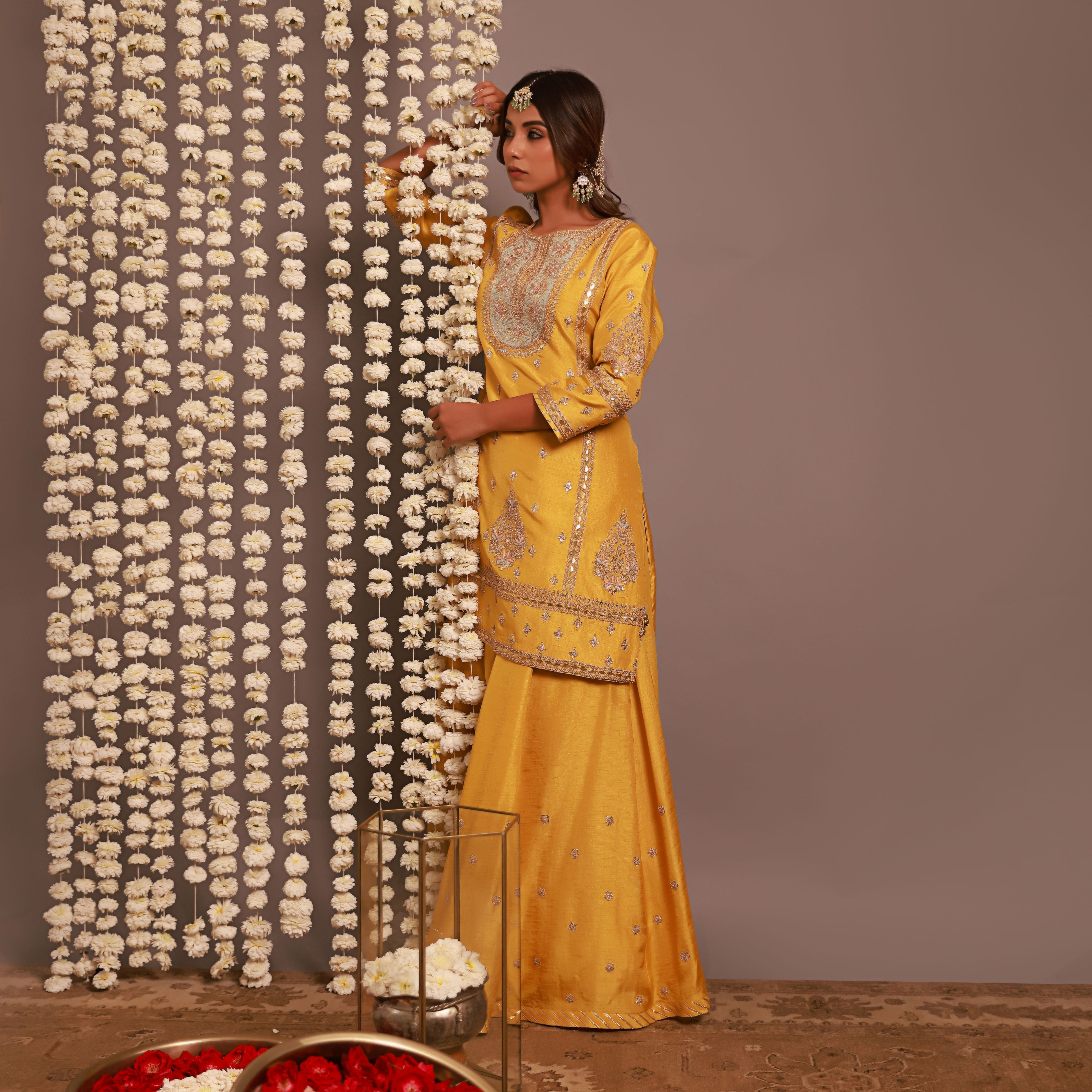 Yellow Short Kurta Or Kalidar Pant With Organza Dupatta