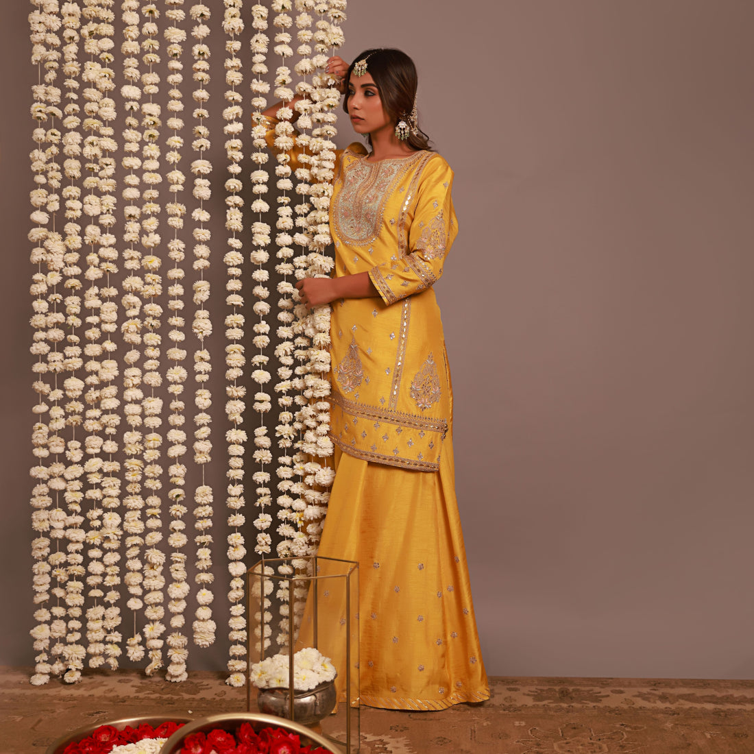 Yellow Short Kurta Or Kalidar Pant With Organza Dupatta