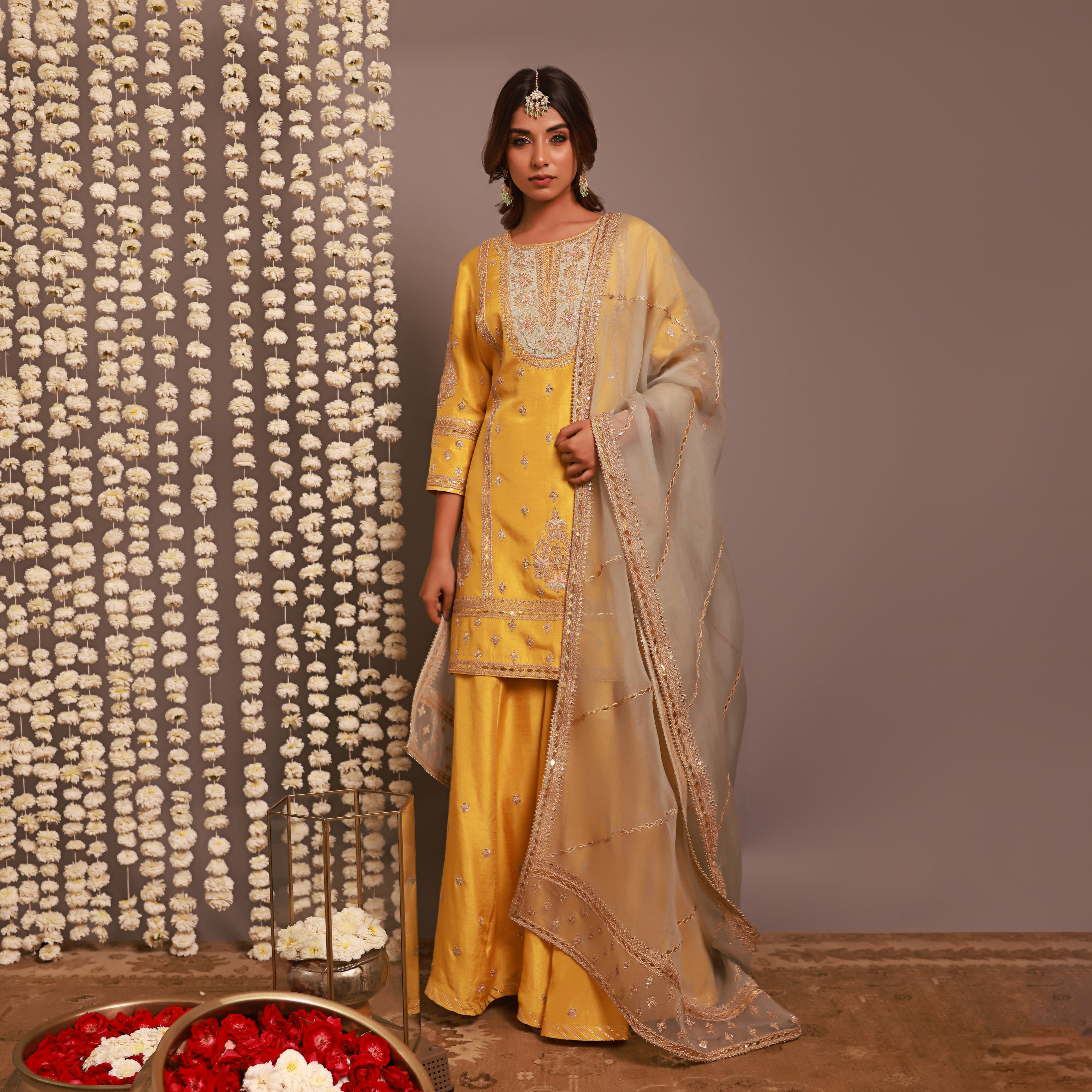Yellow Short Kurta Or Kalidar Pant With Organza Dupatta