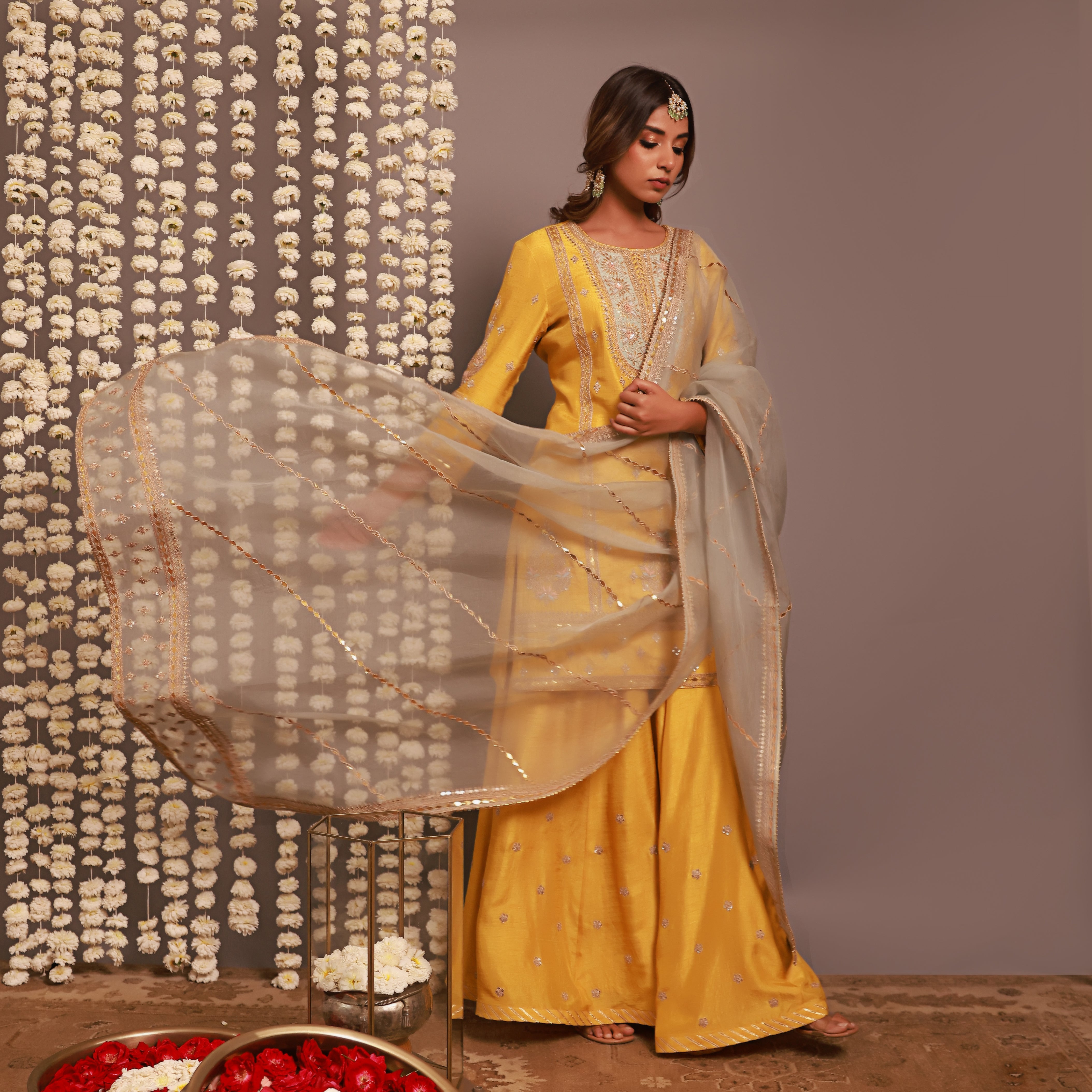 Yellow Short Kurta Or Kalidar Pant With Organza Dupatta