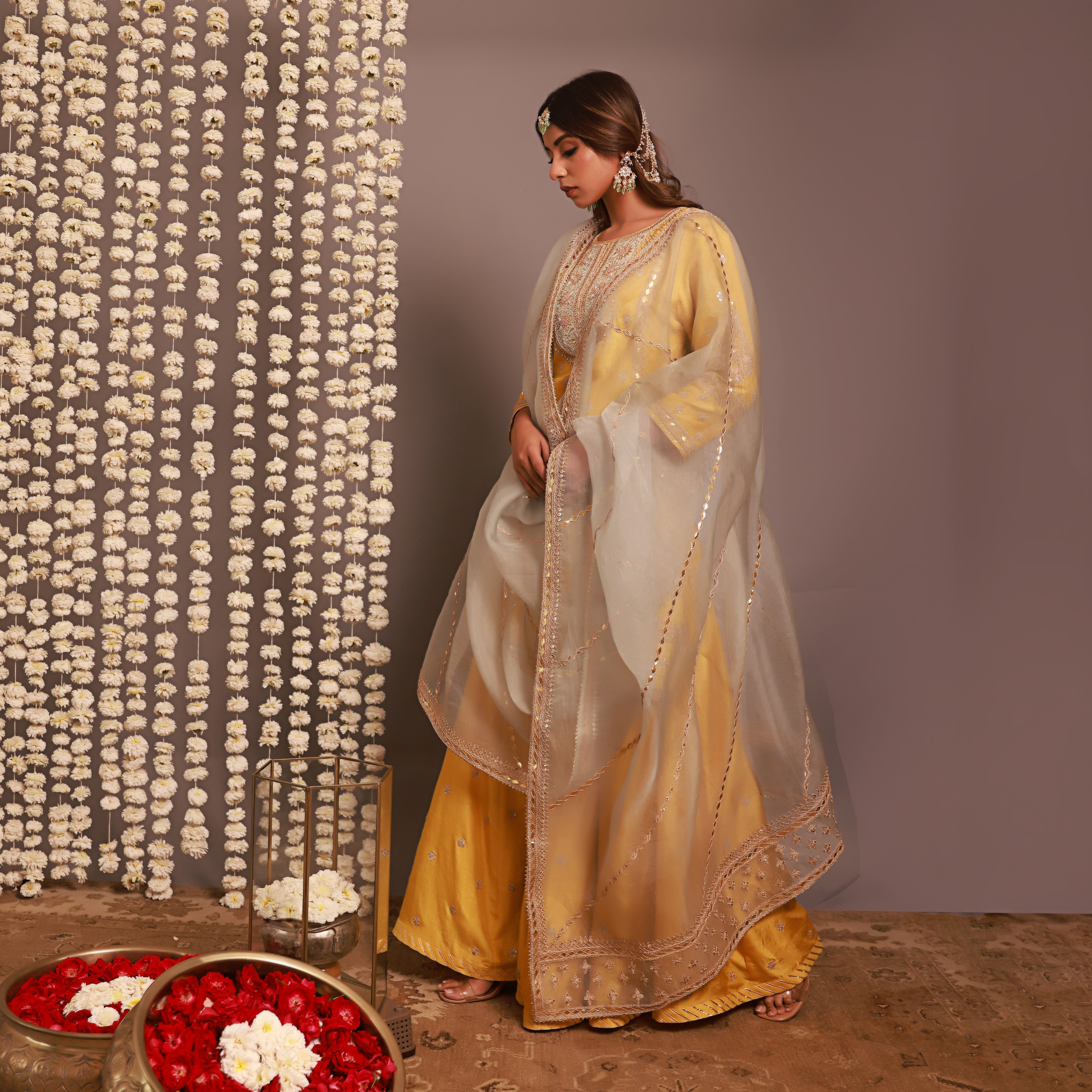 Yellow Short Kurta Or Kalidar Pant With Organza Dupatta