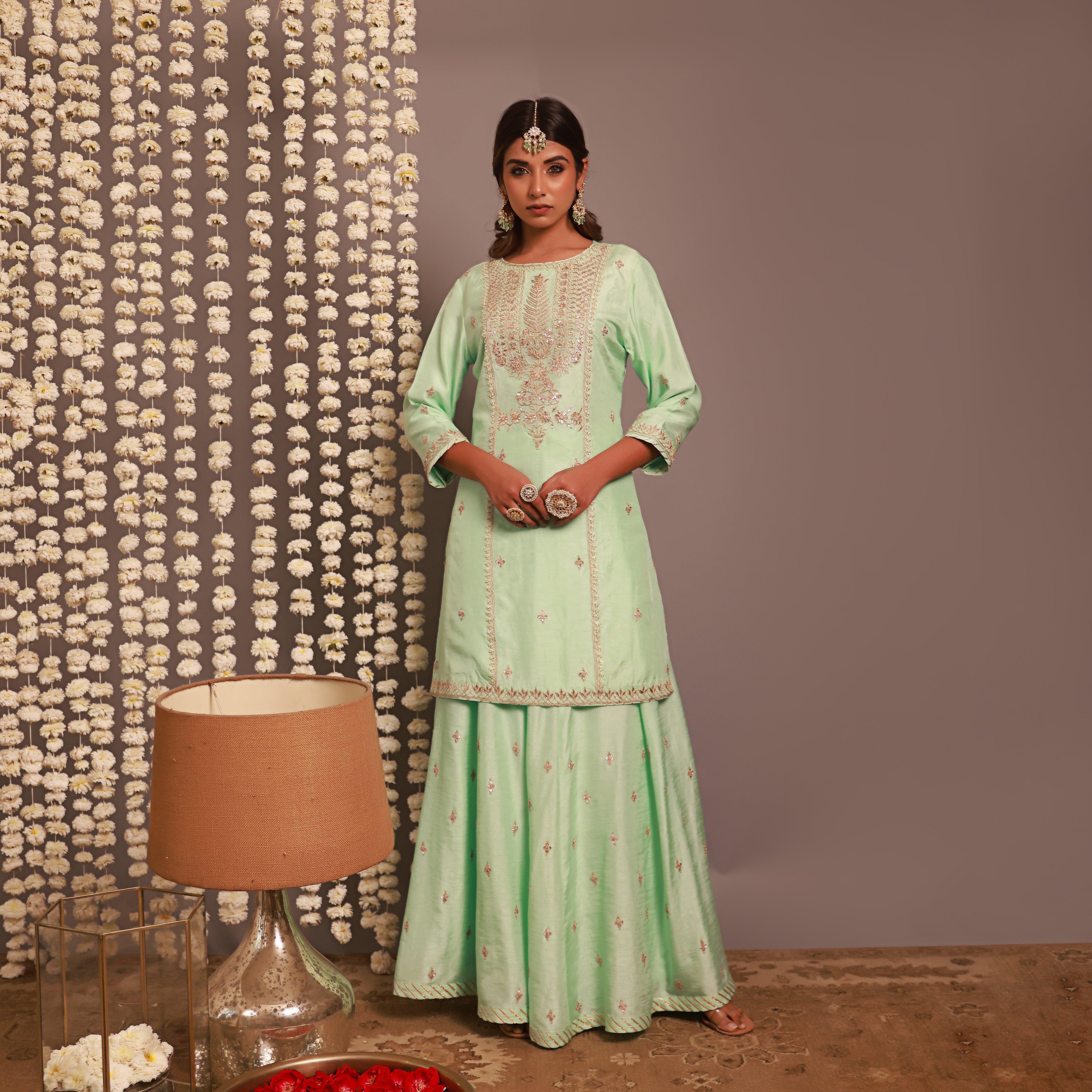 Aqua Blue Short Kurta Or Kalidar Pant With Organza Dupatta