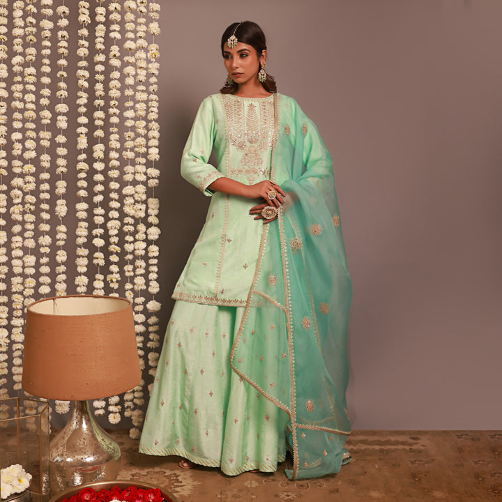 Aqua Blue Short Kurta Or Kalidar Pant With Organza Dupatta
