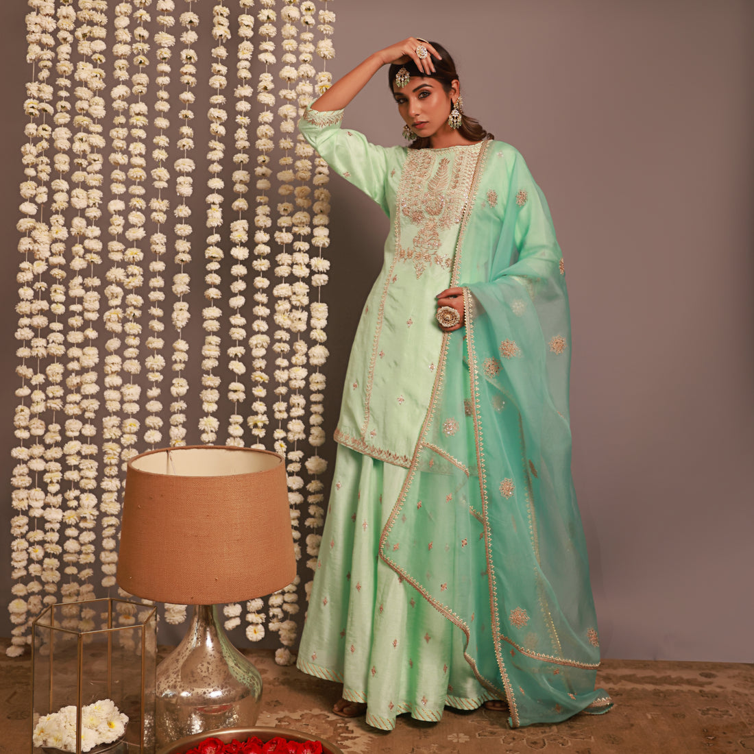 Aqua Blue Short Kurta Or Kalidar Pant With Organza Dupatta