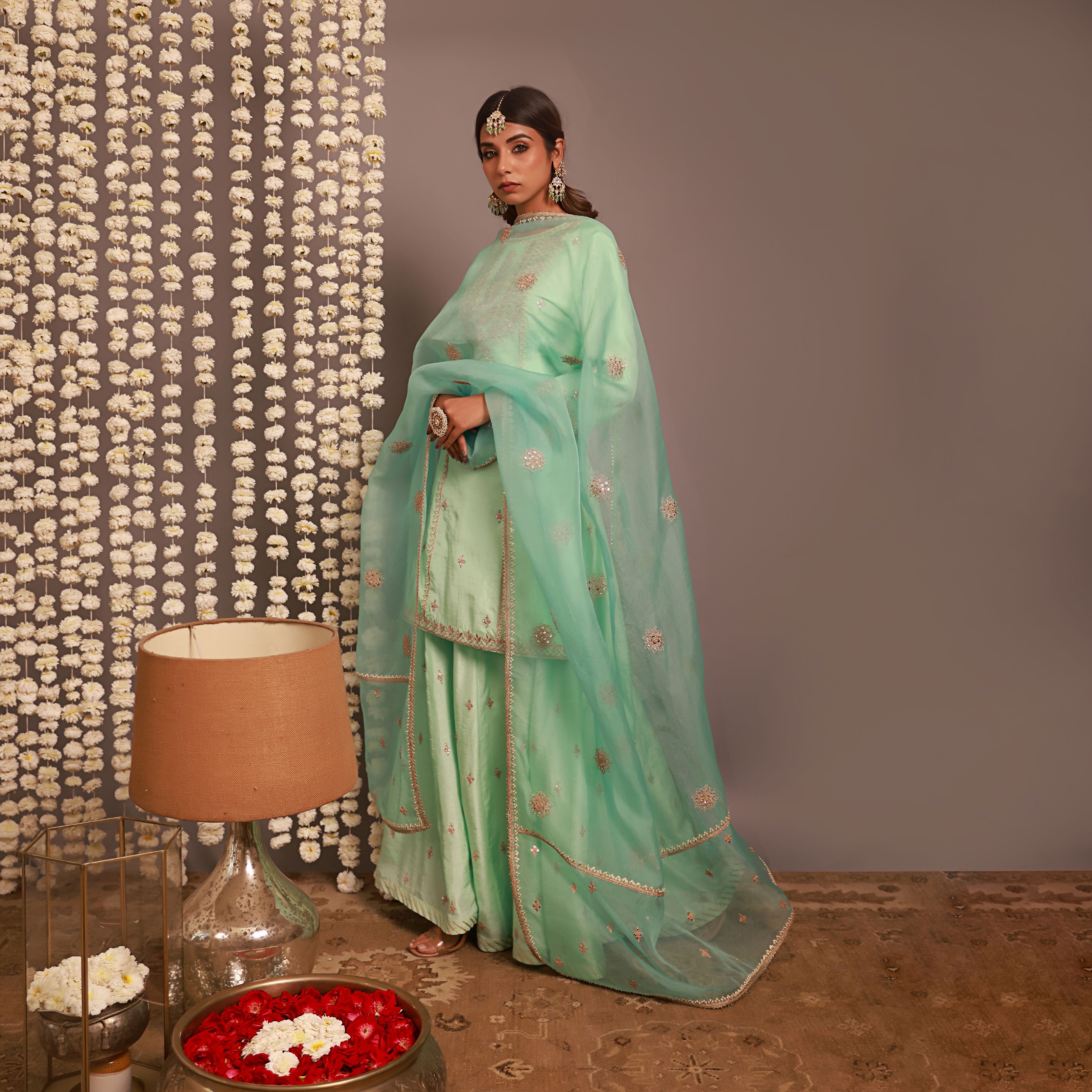 Aqua Blue Short Kurta Or Kalidar Pant With Organza Dupatta