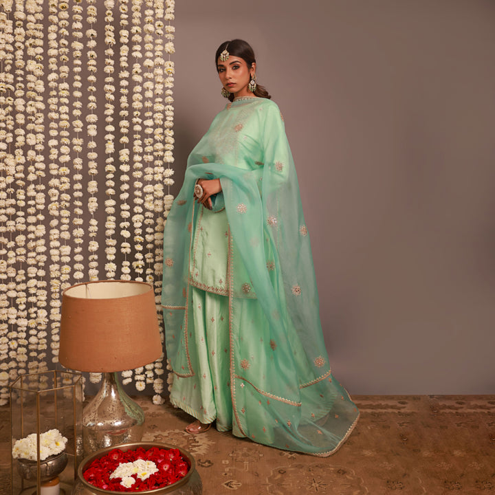 Aqua Blue Short Kurta Or Kalidar Pant With Organza Dupatta