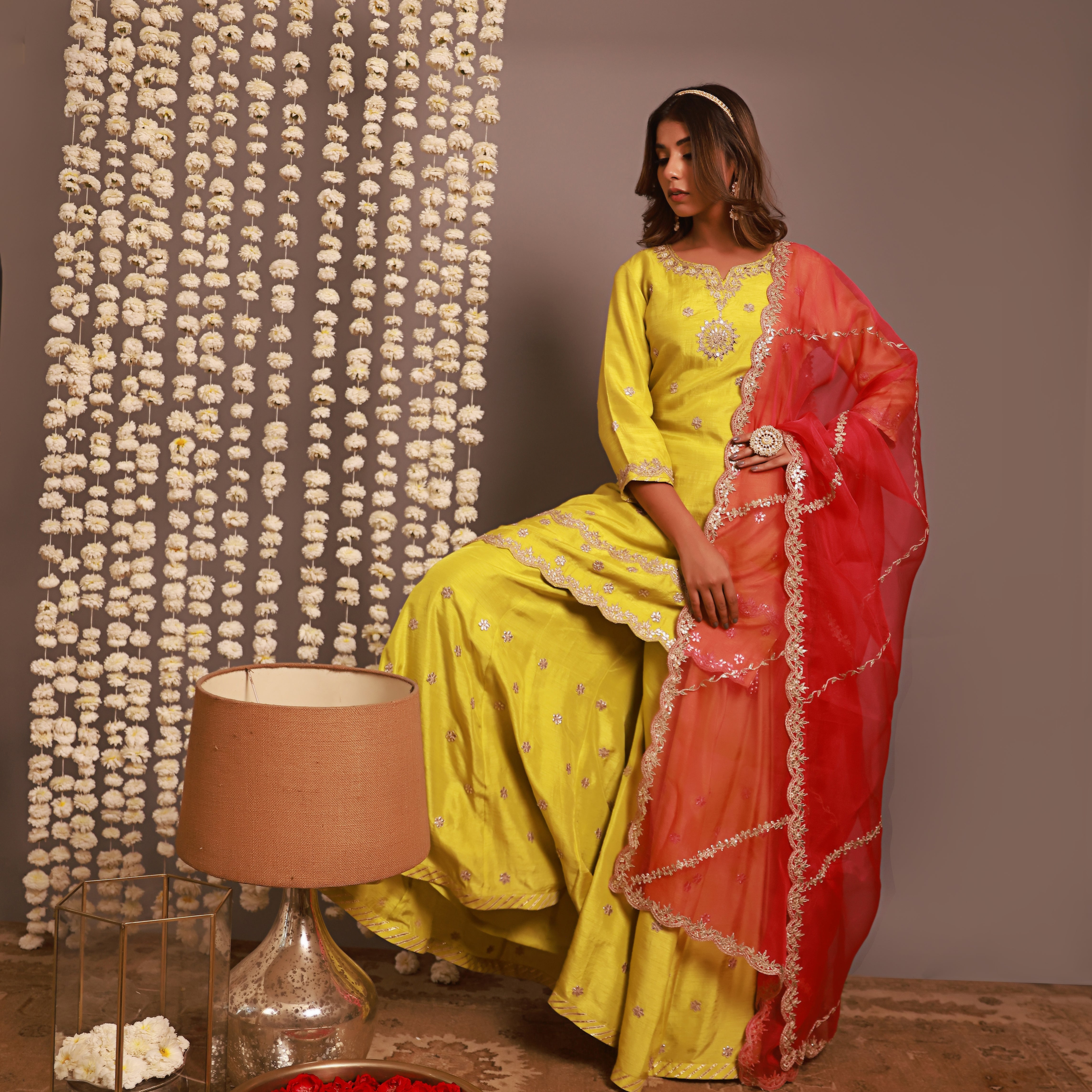 Green Short Kurta Or Kalidar Pant With Organza Dupatta