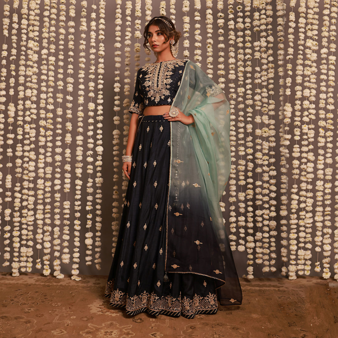 Navy Blue Lehenga Set With Shaded Dupatta