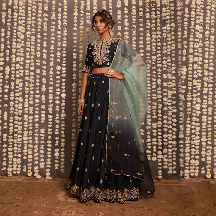 Navy Blue Lehenga Set With Shaded Dupatta