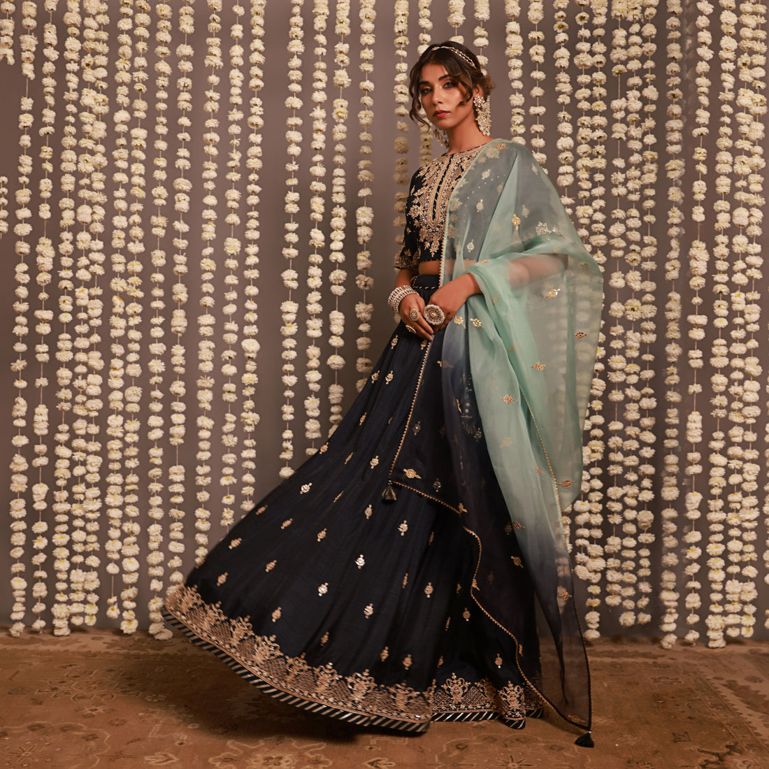 Navy Blue Lehenga Set With Shaded Dupatta