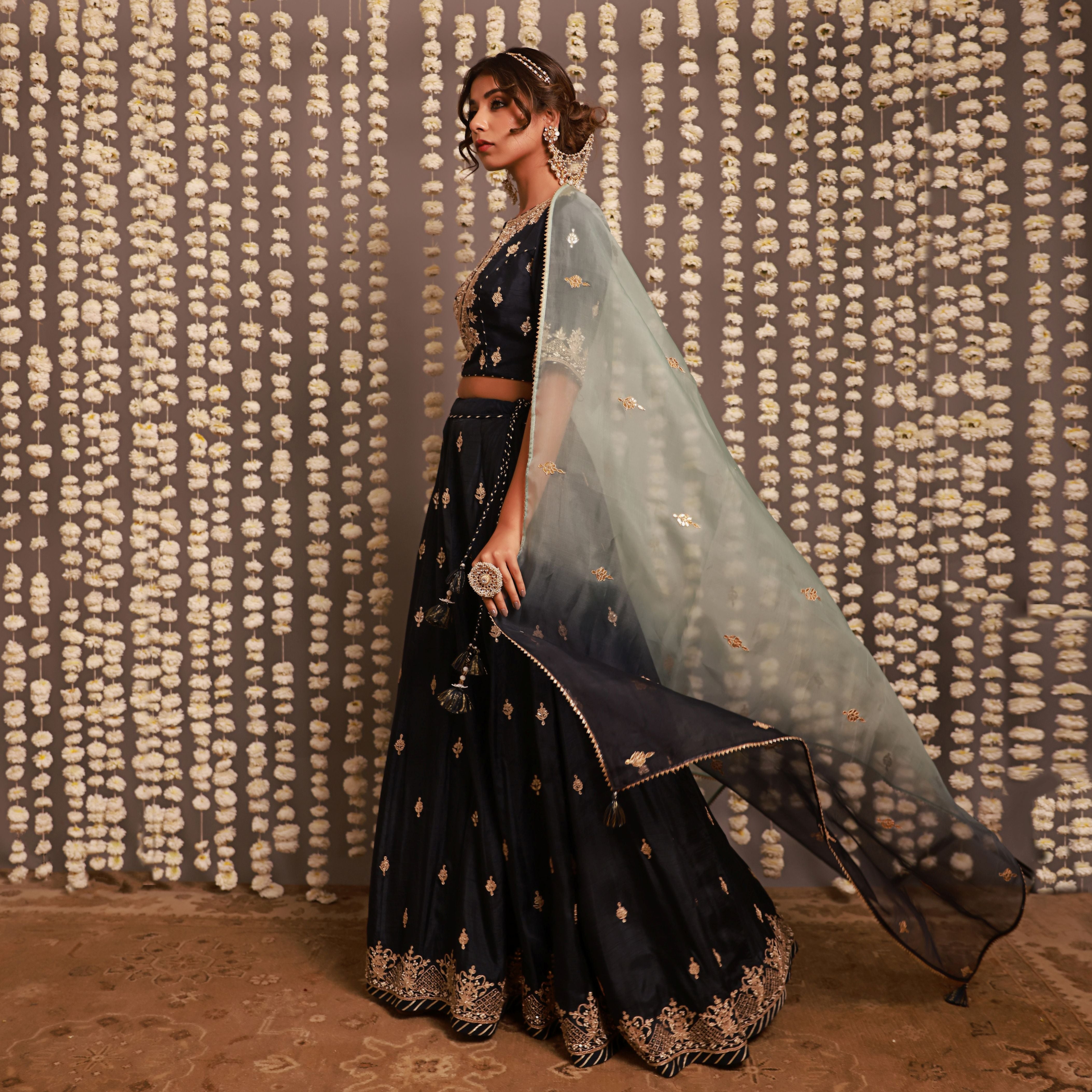 Navy Blue Lehenga Set With Shaded Dupatta