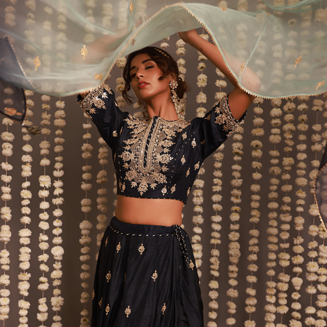 Navy Blue Lehenga Set With Shaded Dupatta
