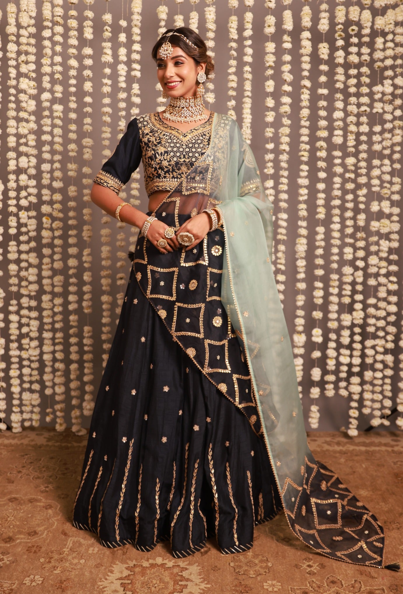 Navy Blue Lehenga Set With Shaded Dupatta