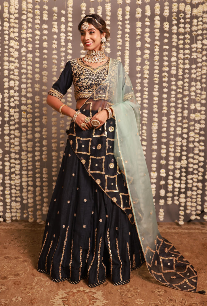 Navy Blue Lehenga Set With Shaded Dupatta