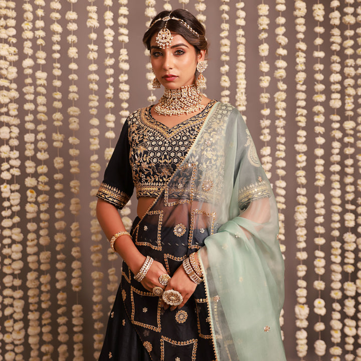 Navy Blue Lehenga Set With Shaded Dupatta