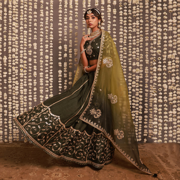 Green Lehenga Set With Shaded Dupatta