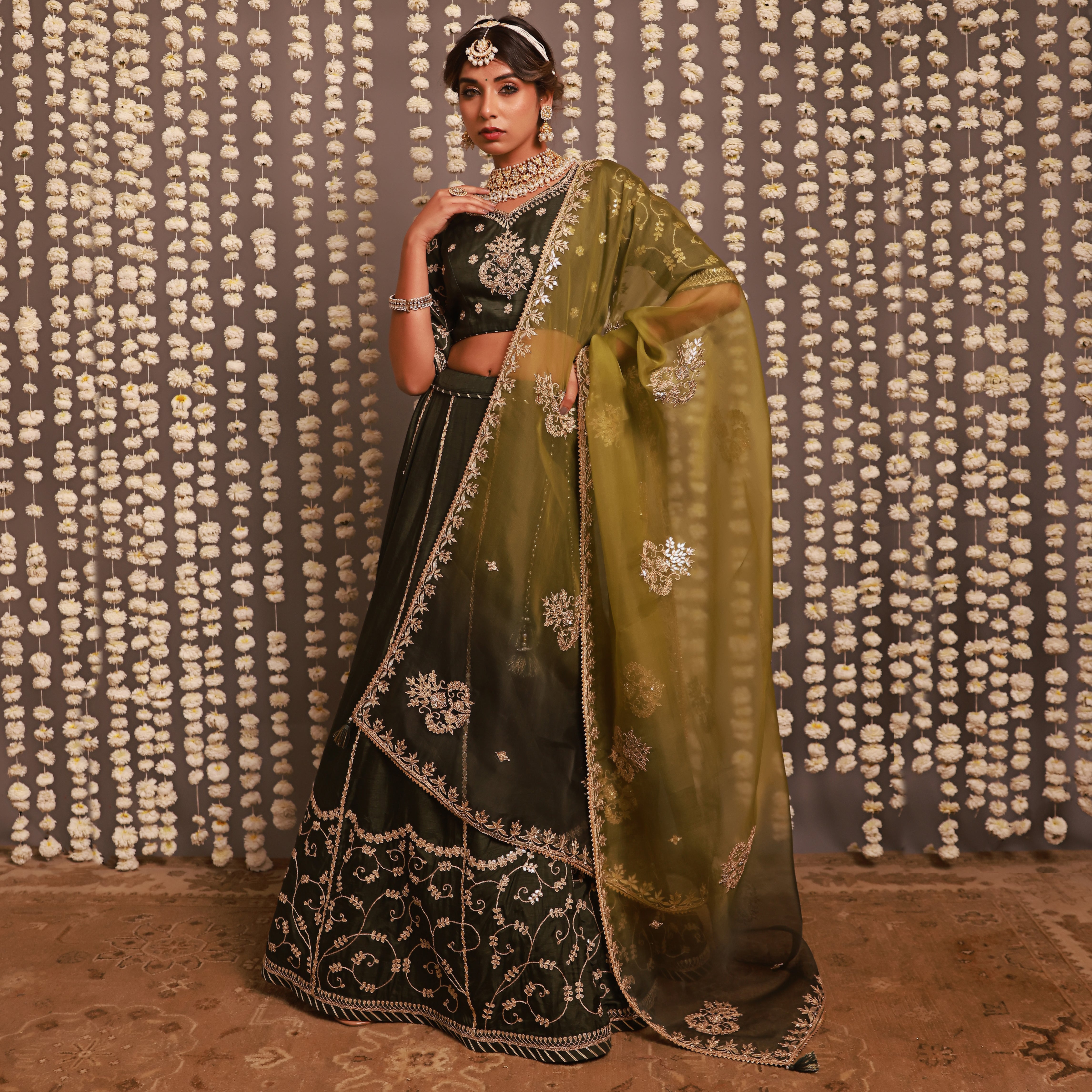 Green Lehenga Set With Shaded Dupatta