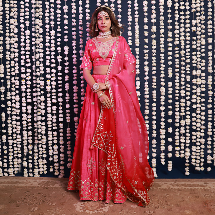 Pink Lehenga Set With Shaded Dupatta