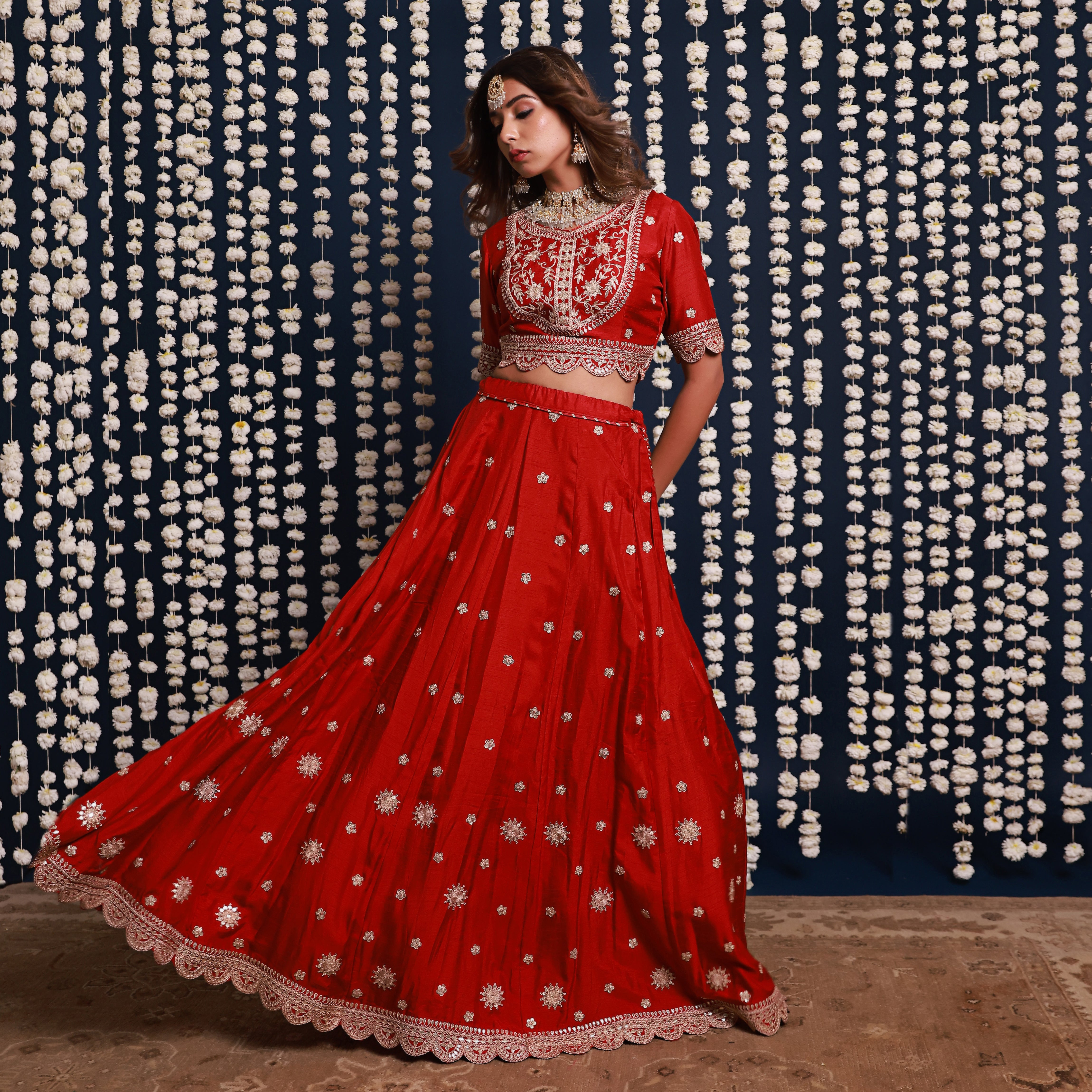 Red Lehenga Set With Organza Dupatta