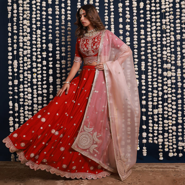 Red Lehenga Set With Organza Dupatta