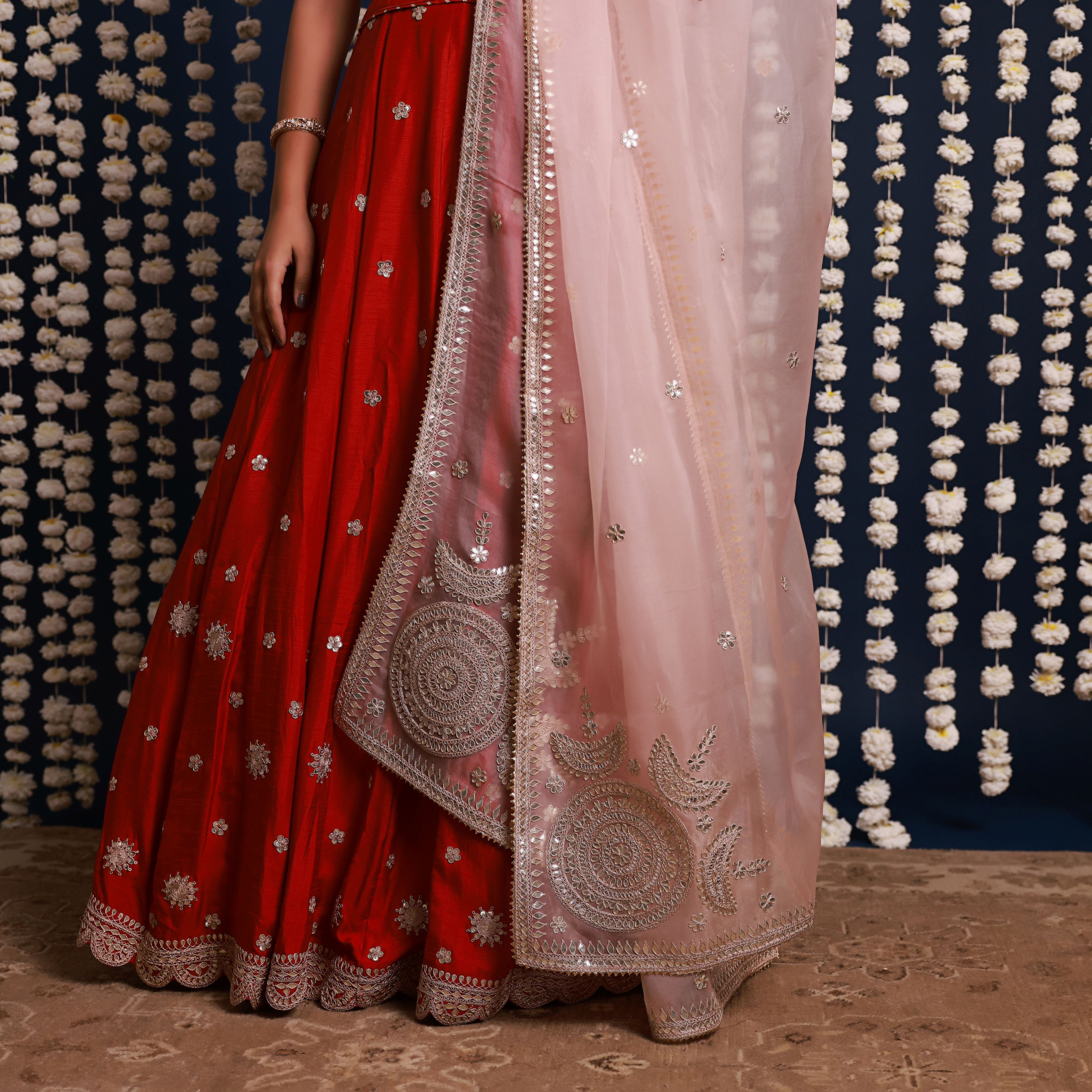Red Lehenga Set With Organza Dupatta