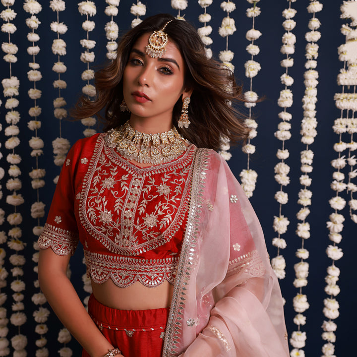 Red Lehenga Set With Organza Dupatta