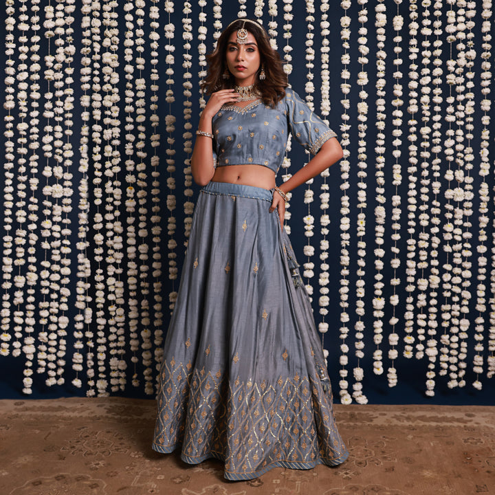 Blue Lehenga Set With Shaded Dupatta
