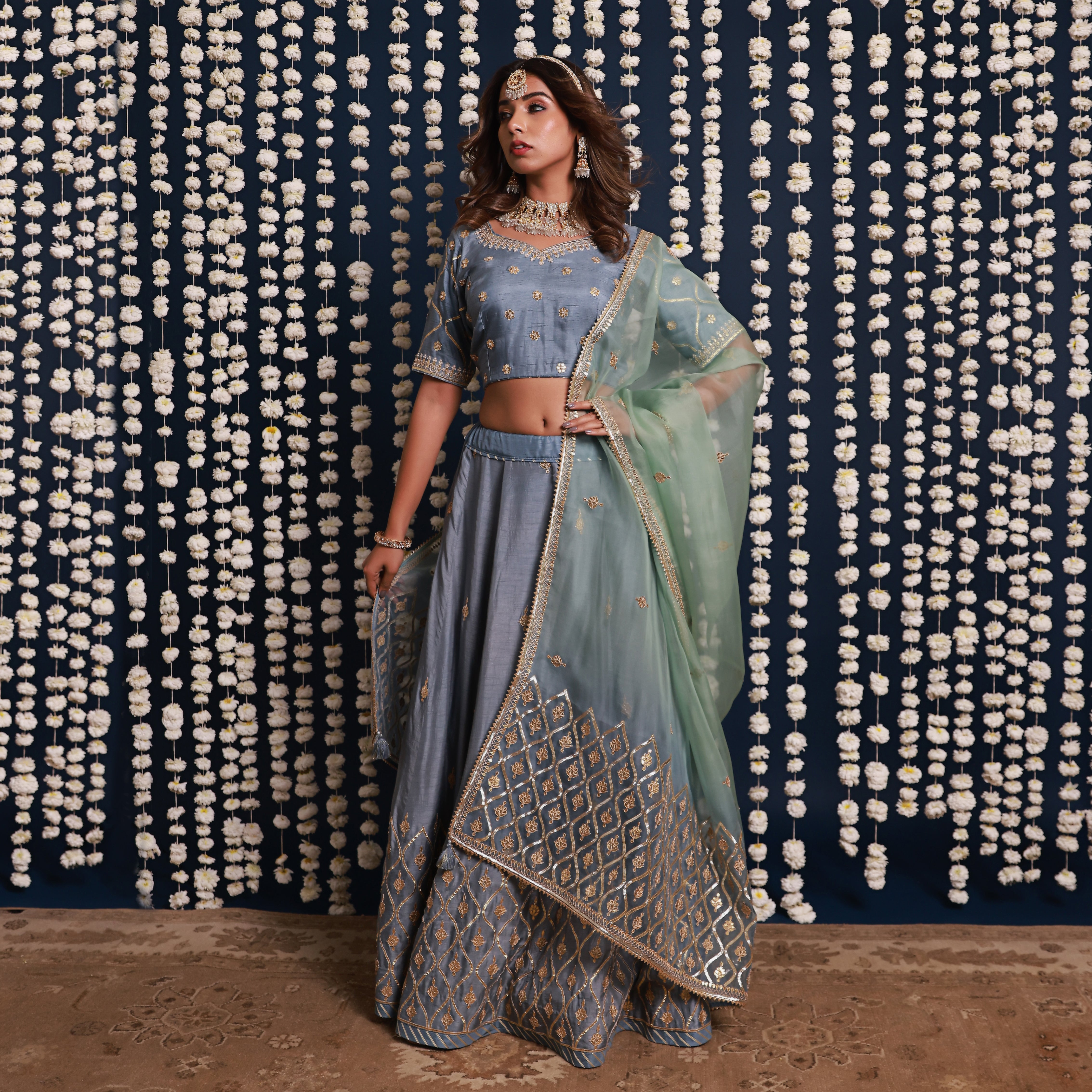 Blue Lehenga Set With Shaded Dupatta
