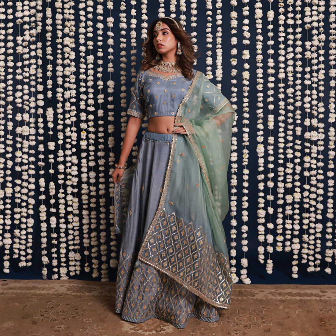 Blue Lehenga Set With Shaded Dupatta