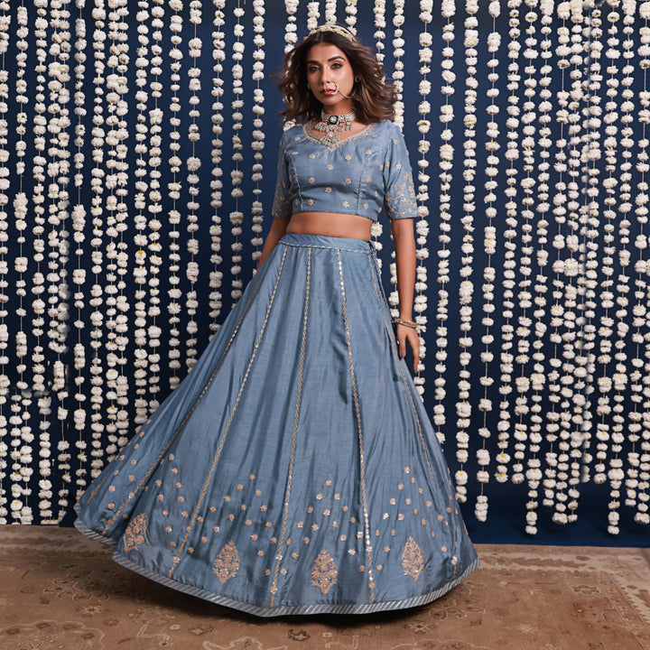Blue Lehenga Set With Shaded Dupatta