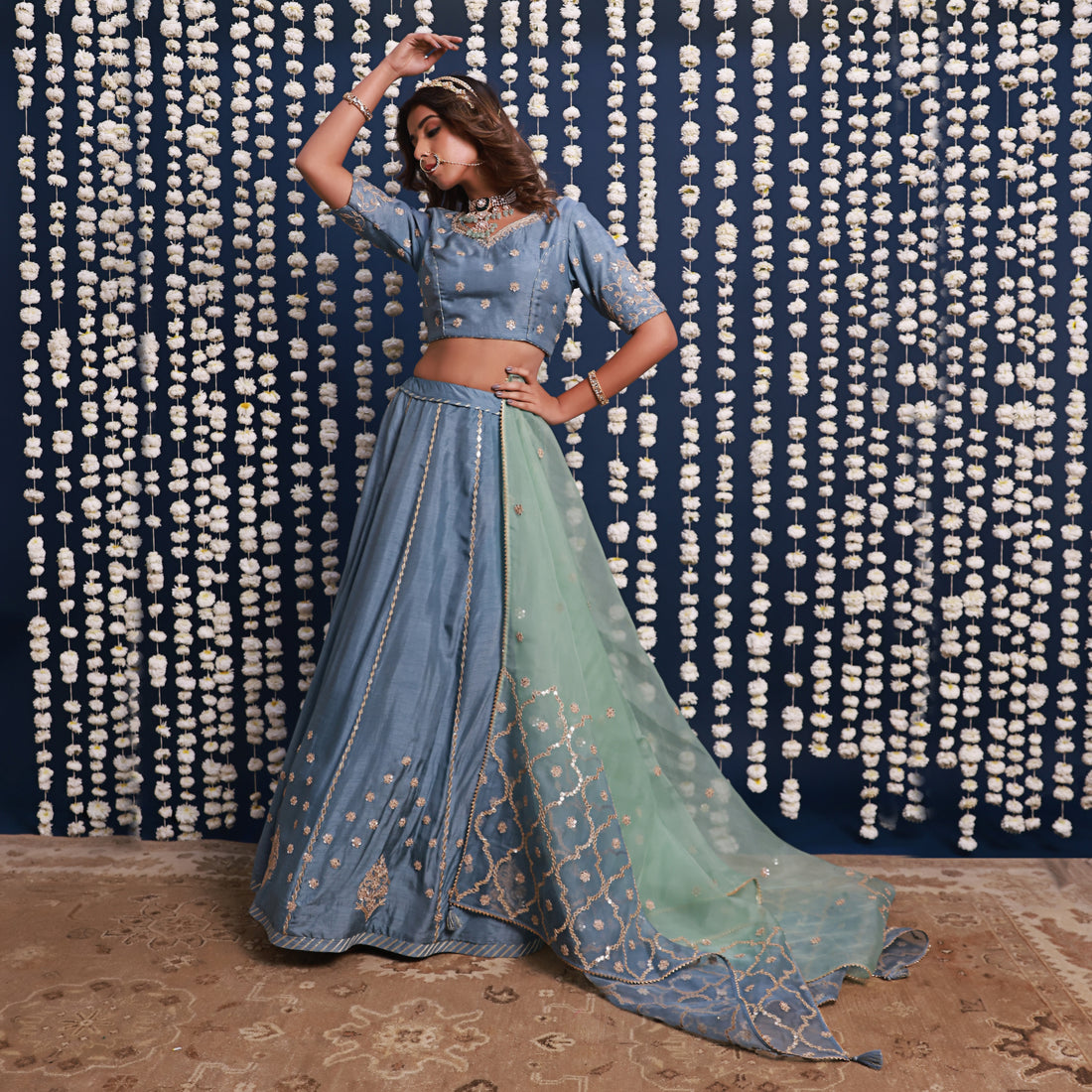Blue Lehenga Set With Shaded Dupatta