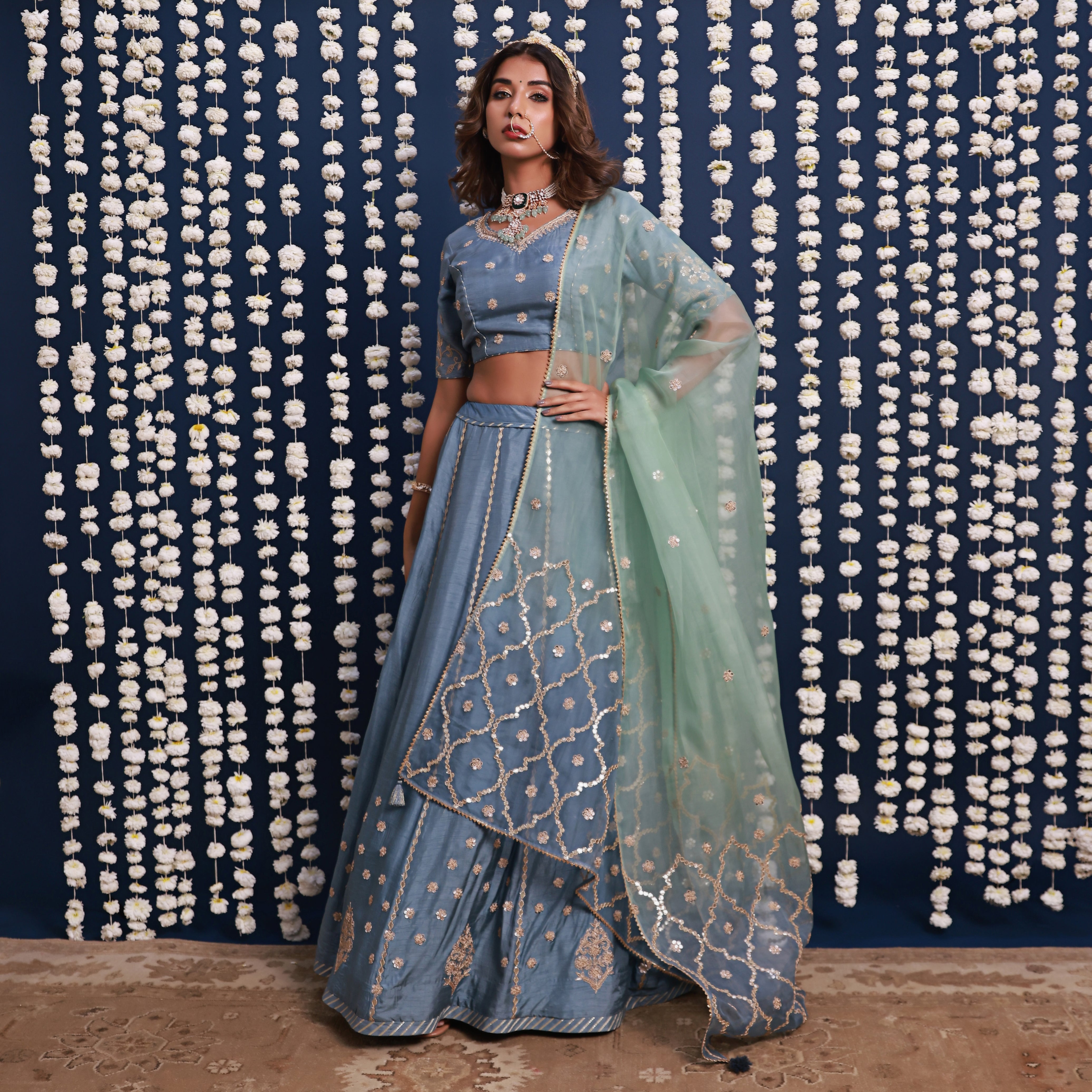 Blue Lehenga Set With Shaded Dupatta