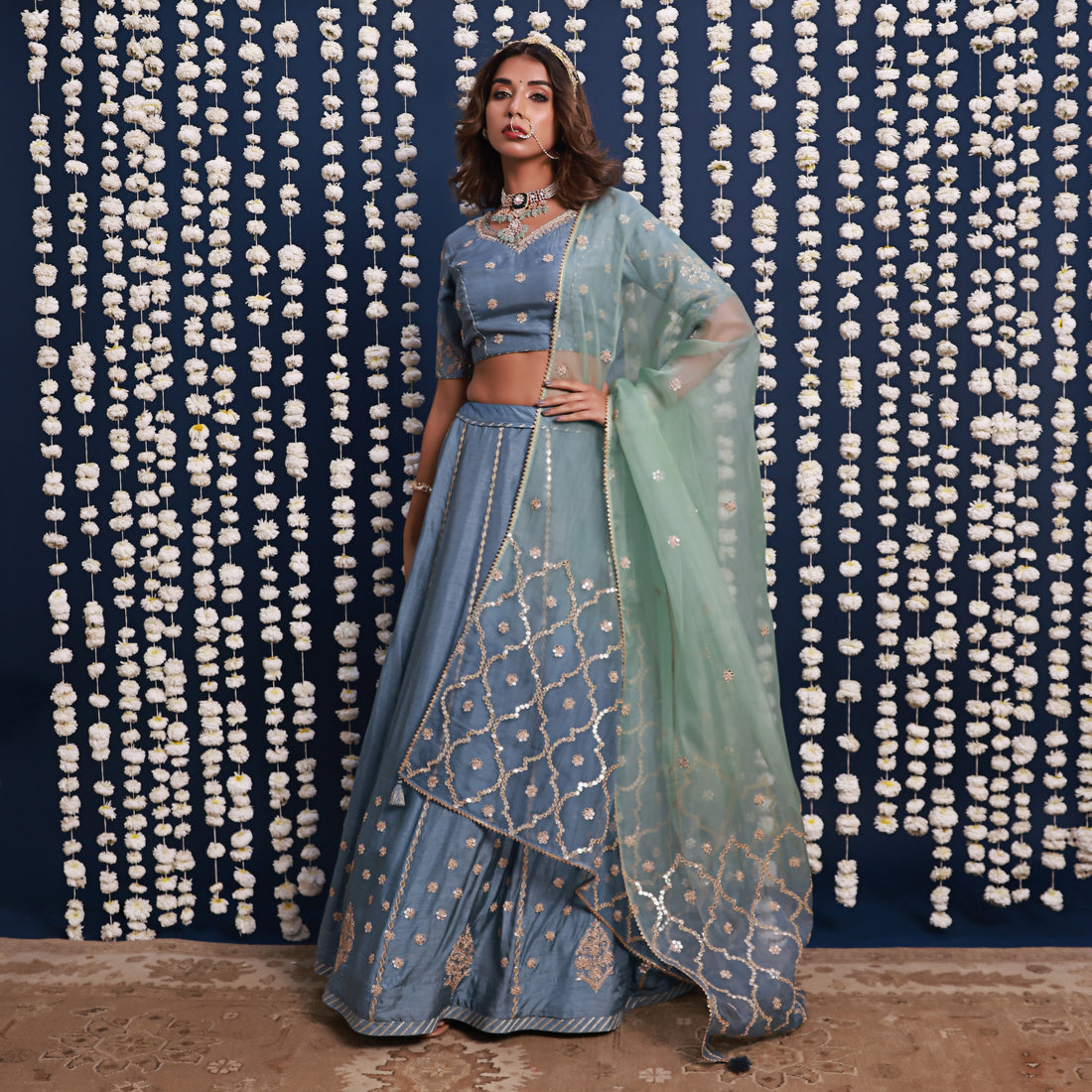Blue Lehenga Set With Shaded Dupatta