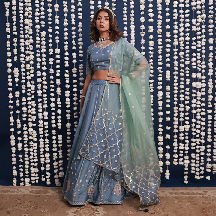 Blue Lehenga Set With Shaded Dupatta