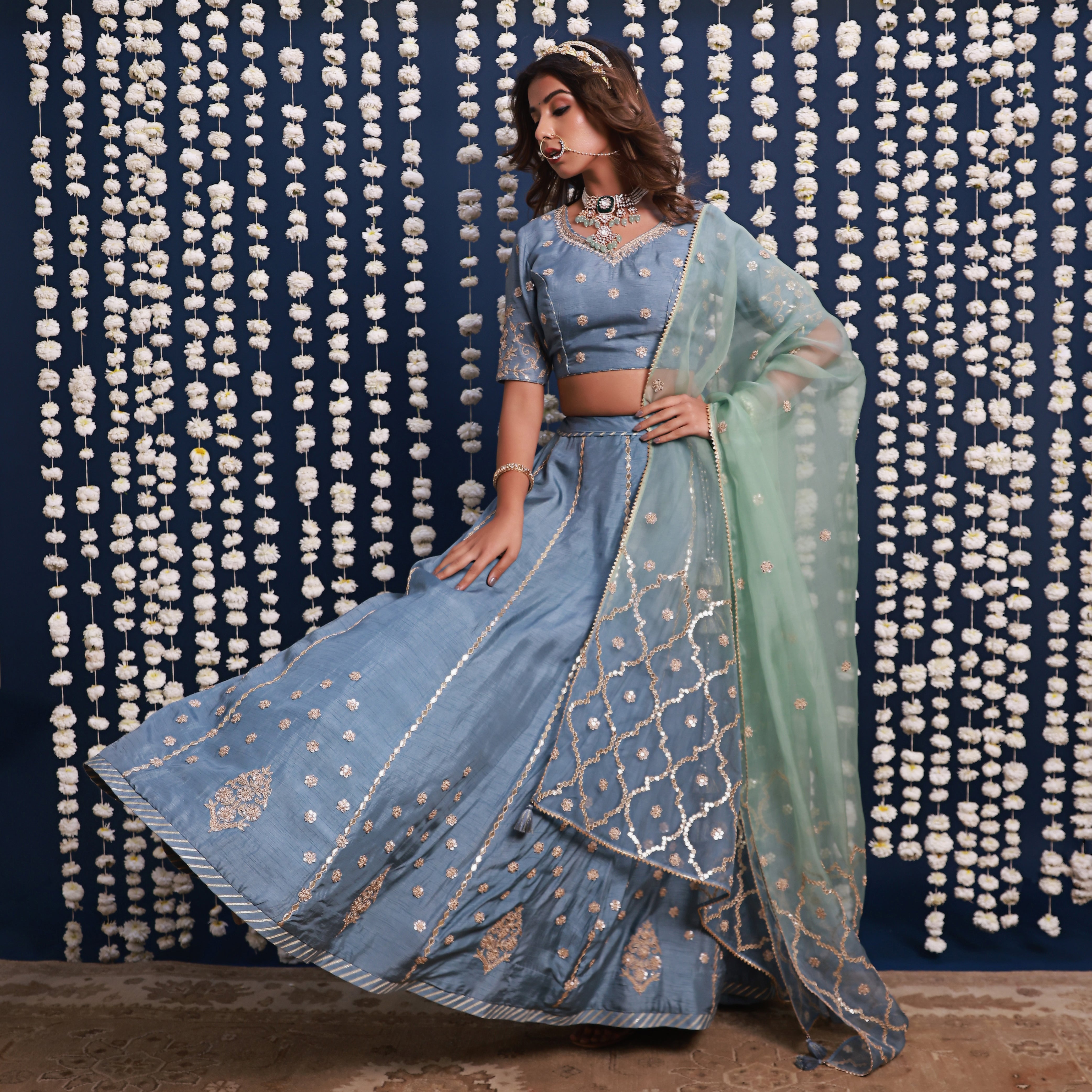 Blue Lehenga Set With Shaded Dupatta