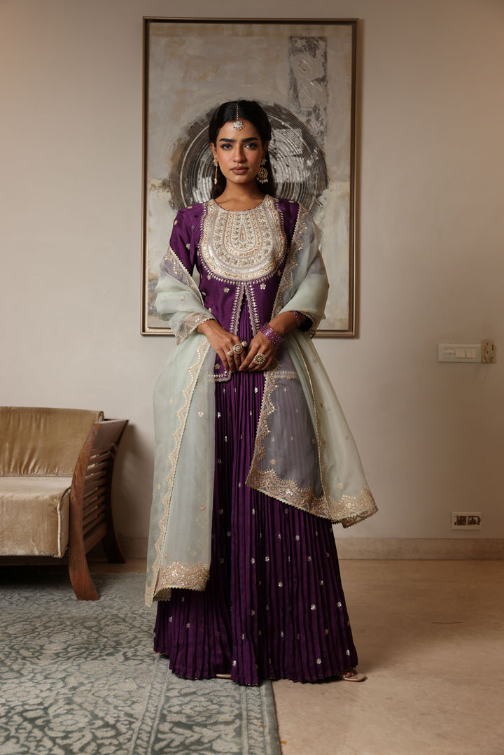 Short Kurti & Pleated Skirt With Organza Dupatta