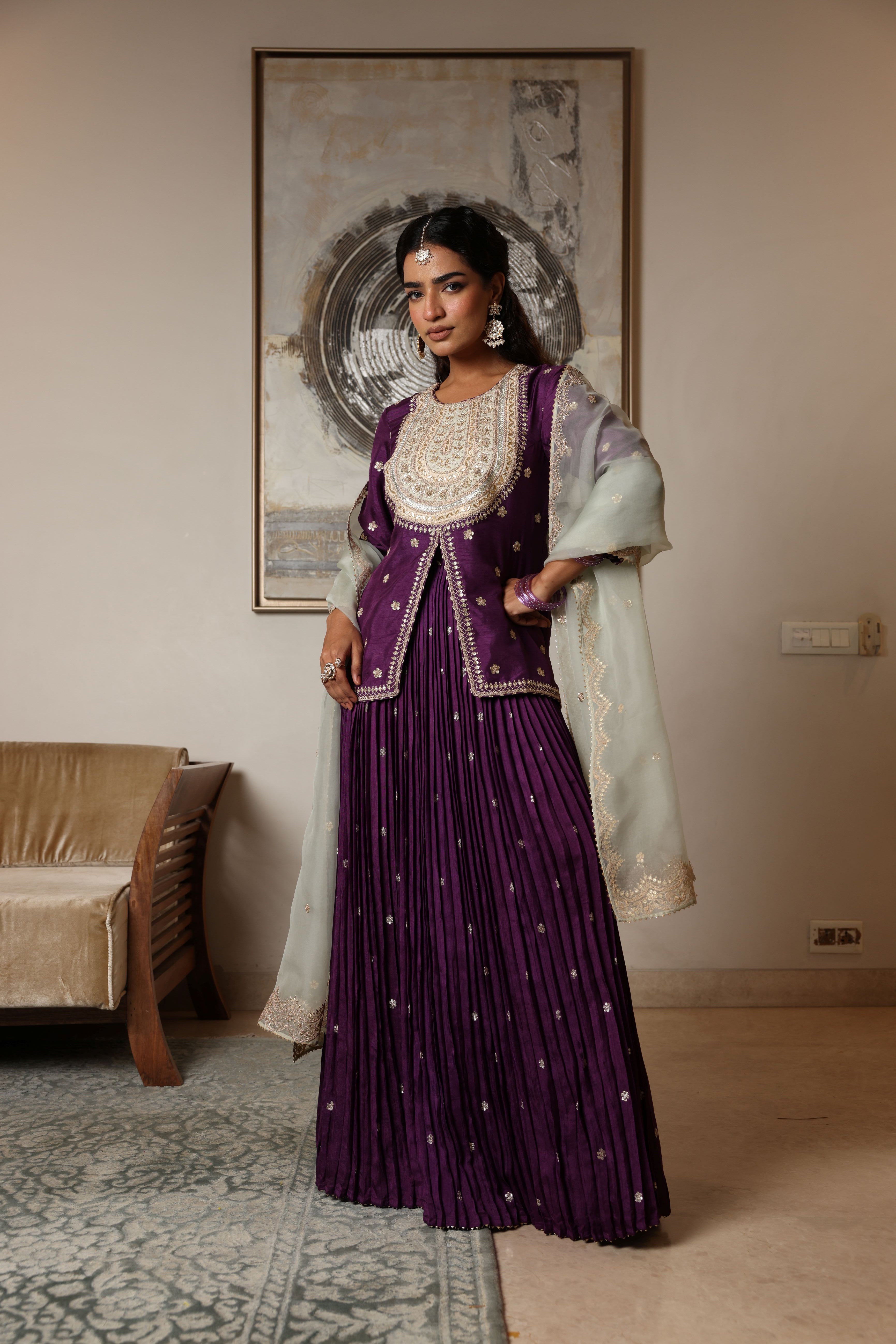 Short Kurti & Pleated Skirt With Organza Dupatta