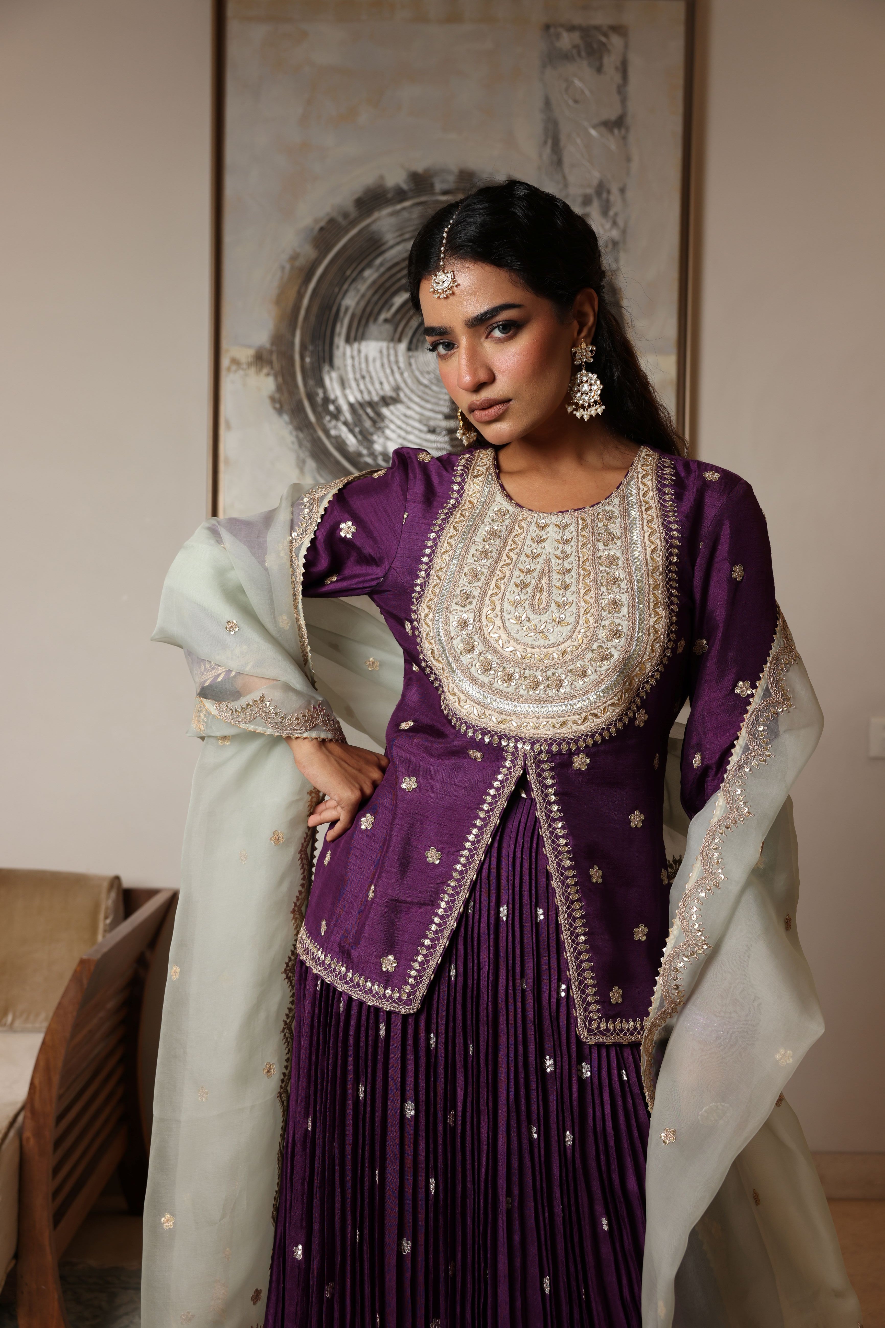 Short Kurti & Pleated Skirt With Organza Dupatta