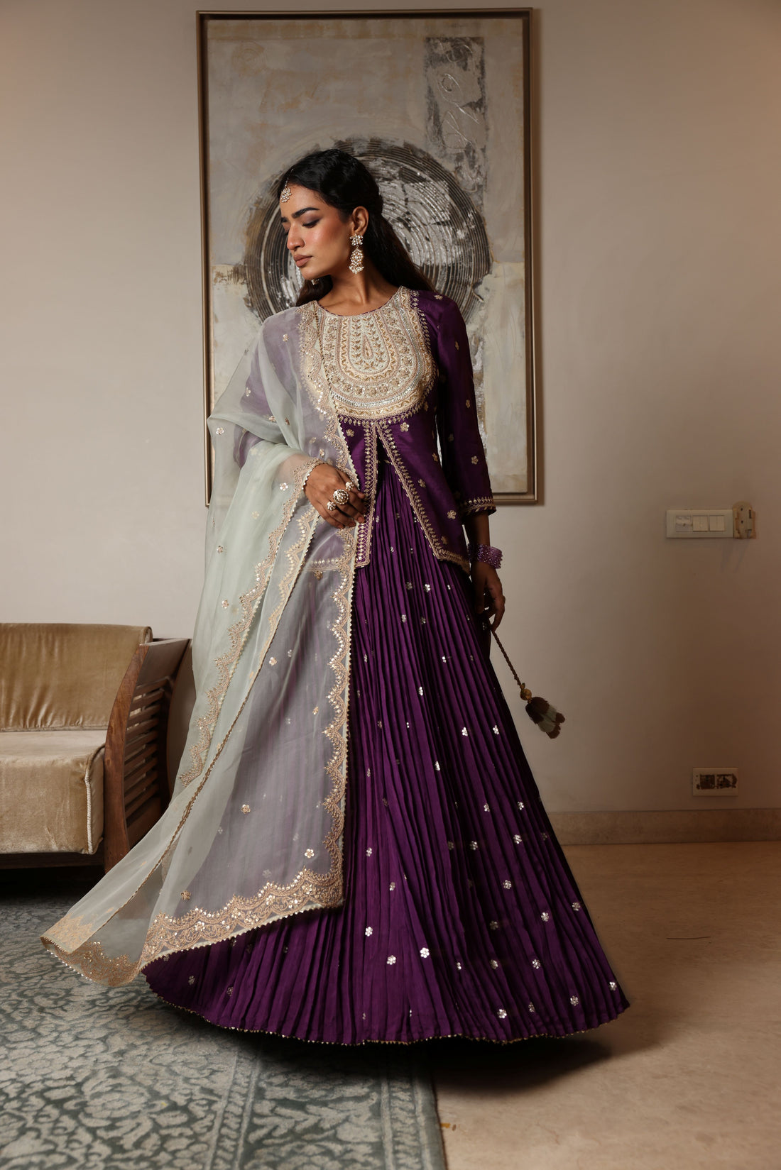 Short Kurti & Pleated Skirt With Organza Dupatta