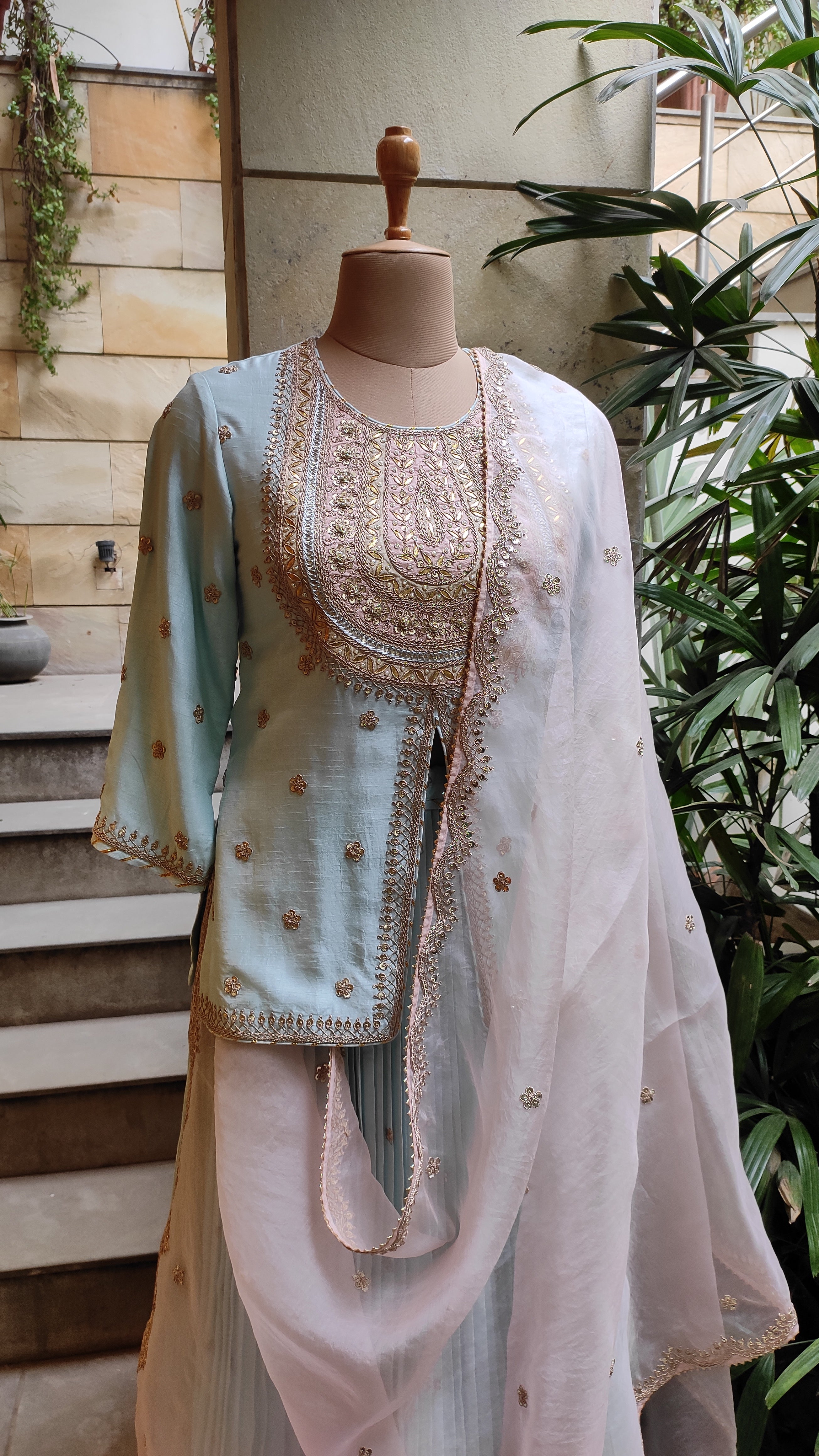 Short Kurti & Pleated Skirt With Organza Dupatta