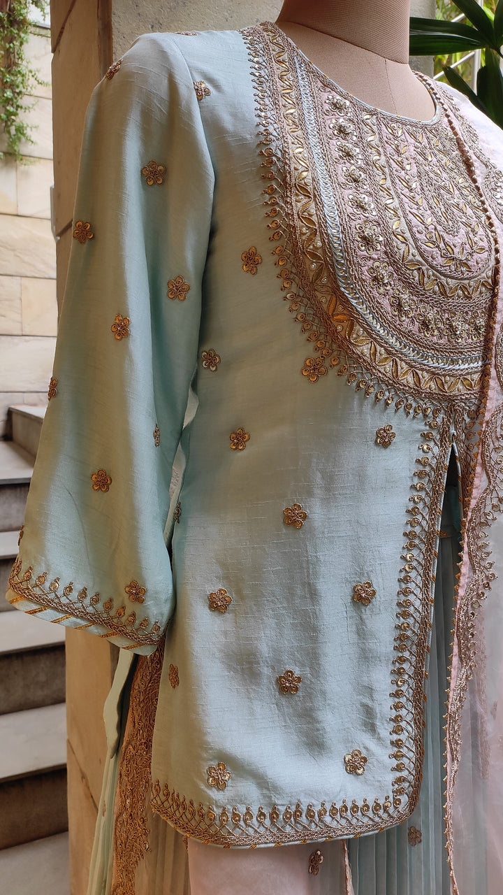 Short Kurti & Pleated Skirt With Organza Dupatta