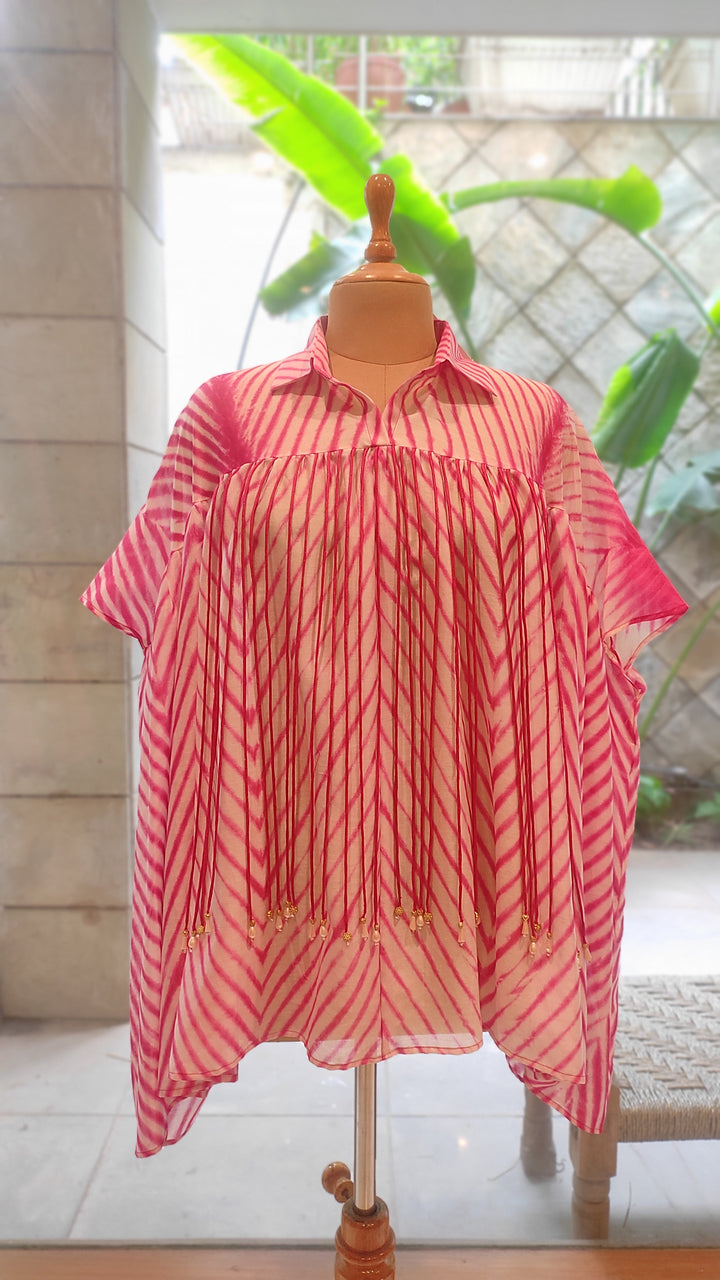 Blush Radiance Leheriya Chanderi Silk Fringe Top