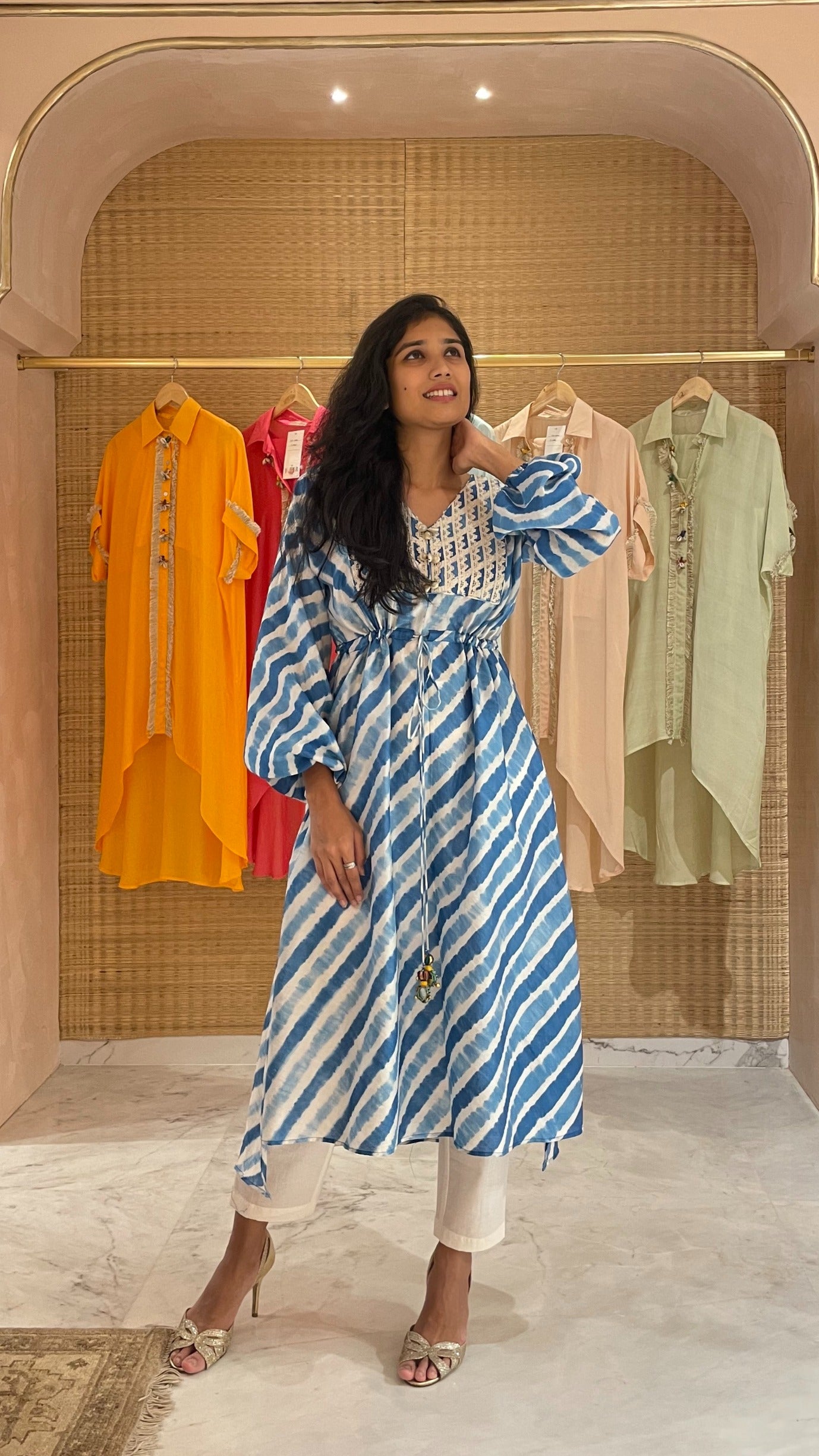 Blue Leheriya Kaftan Kurta With Pant