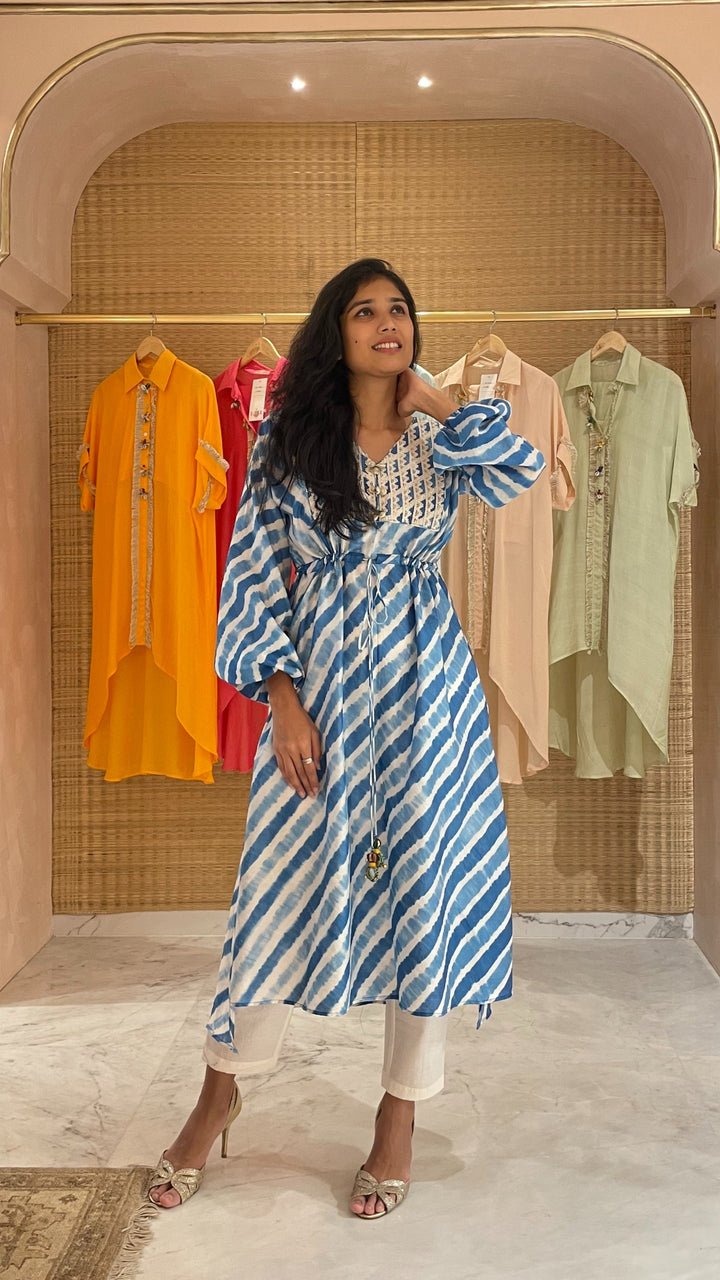 Blue Leheriya Kaftan Kurta With Pant