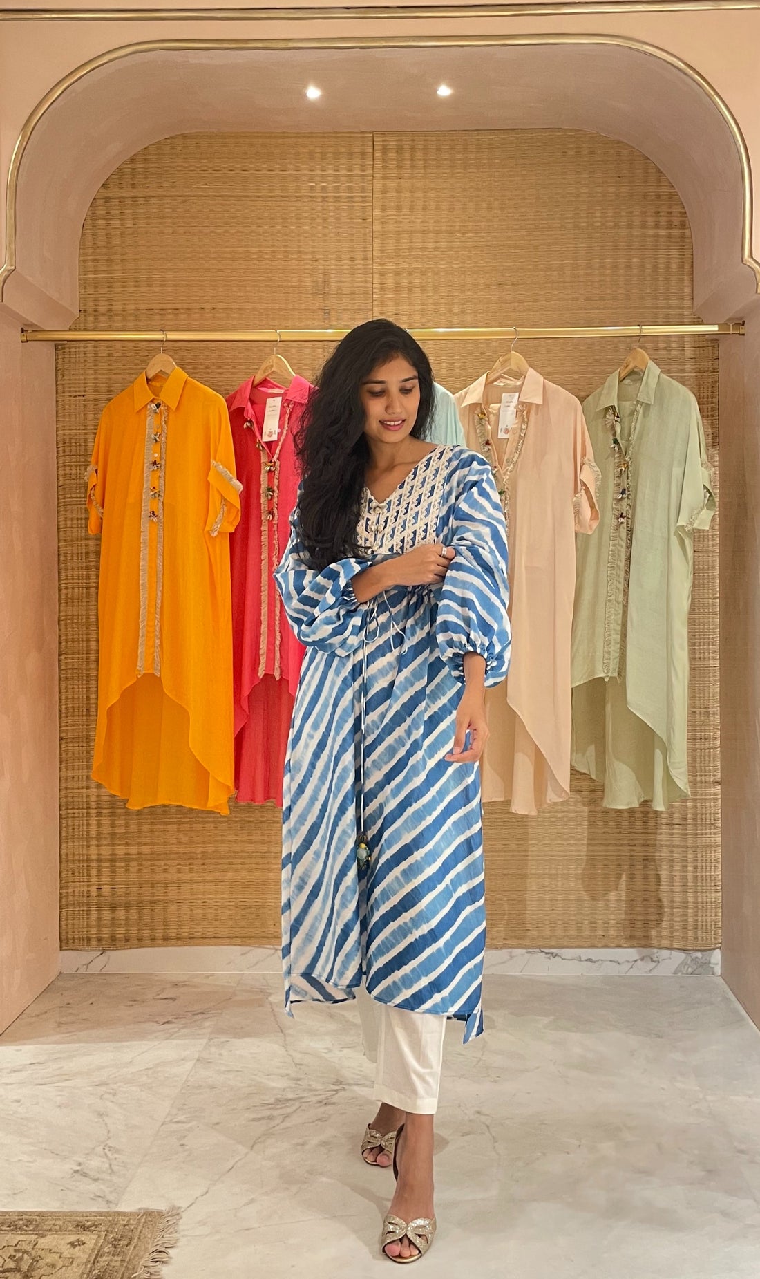 Blue Leheriya Kaftan Kurta With Pant