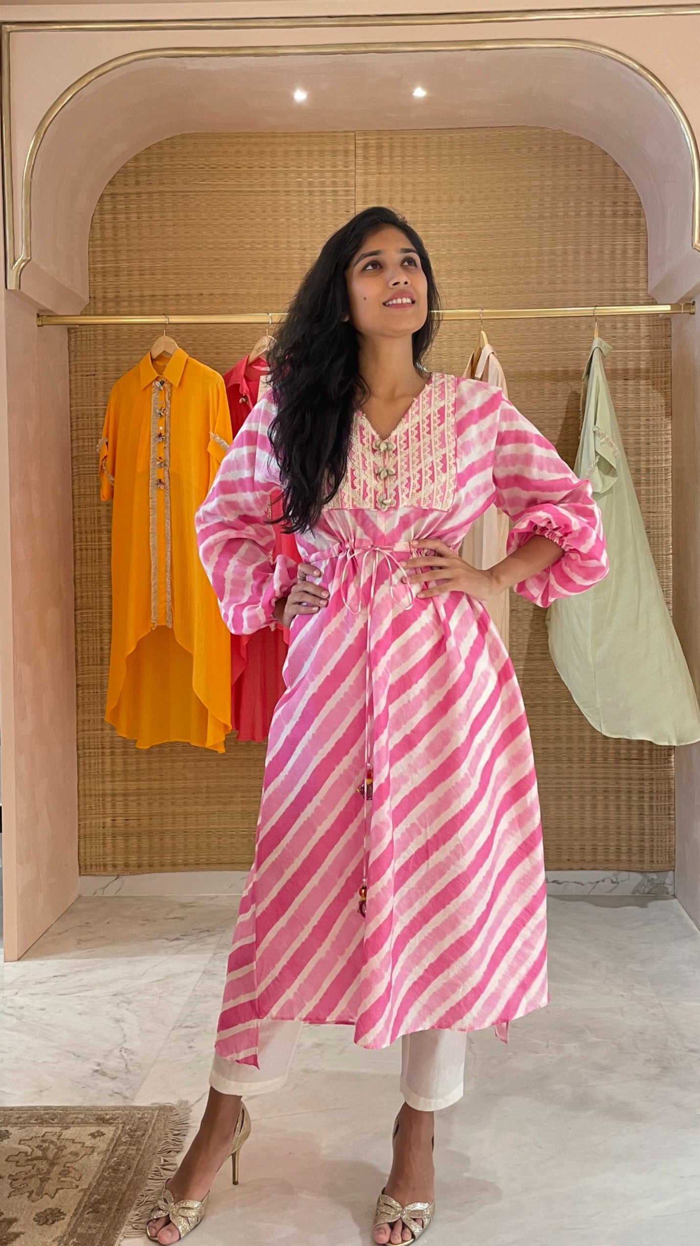 Pink Leheriya Kaftan Kurta With Pant