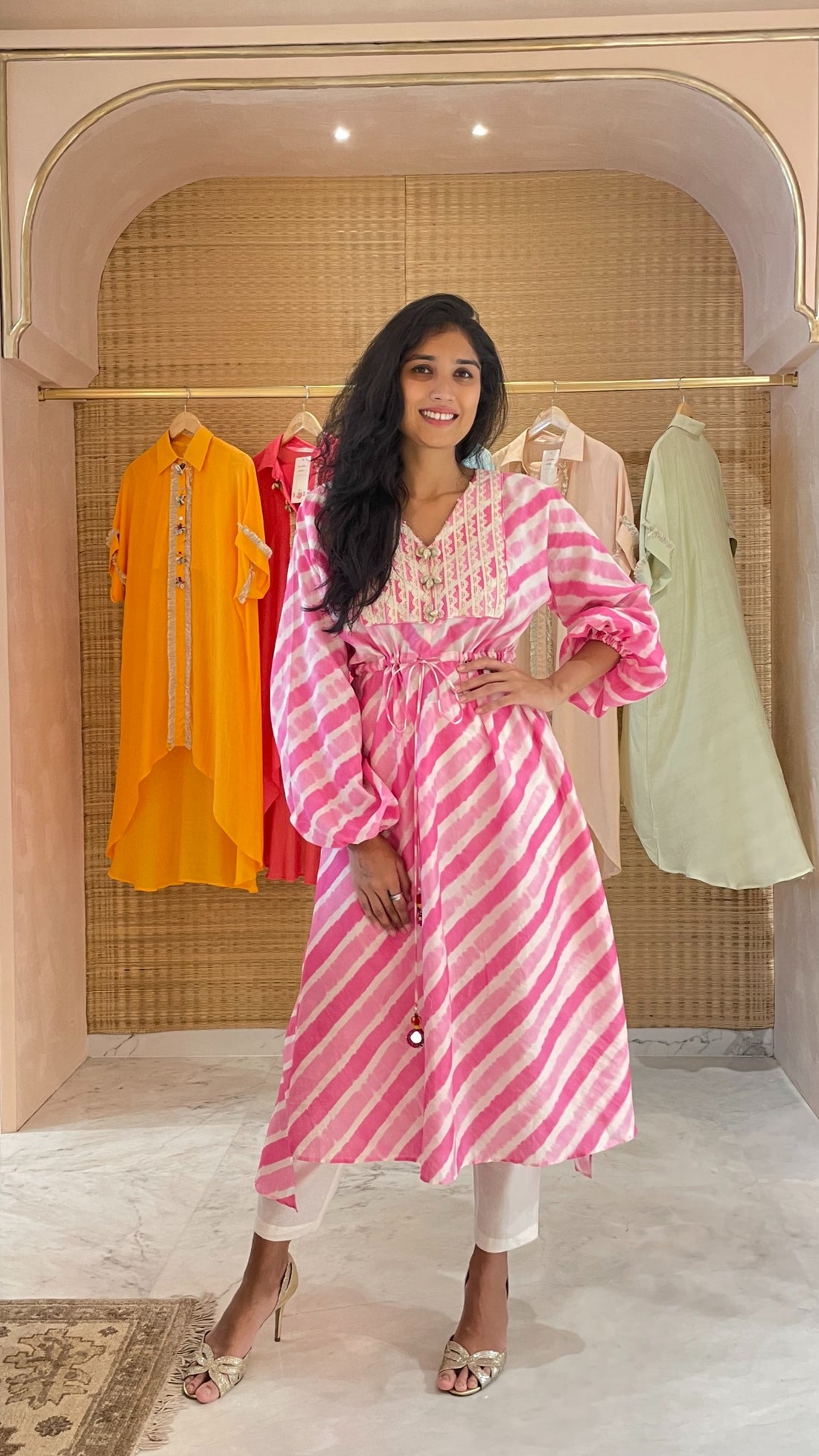 Pink Leheriya Kaftan Kurta With Pant